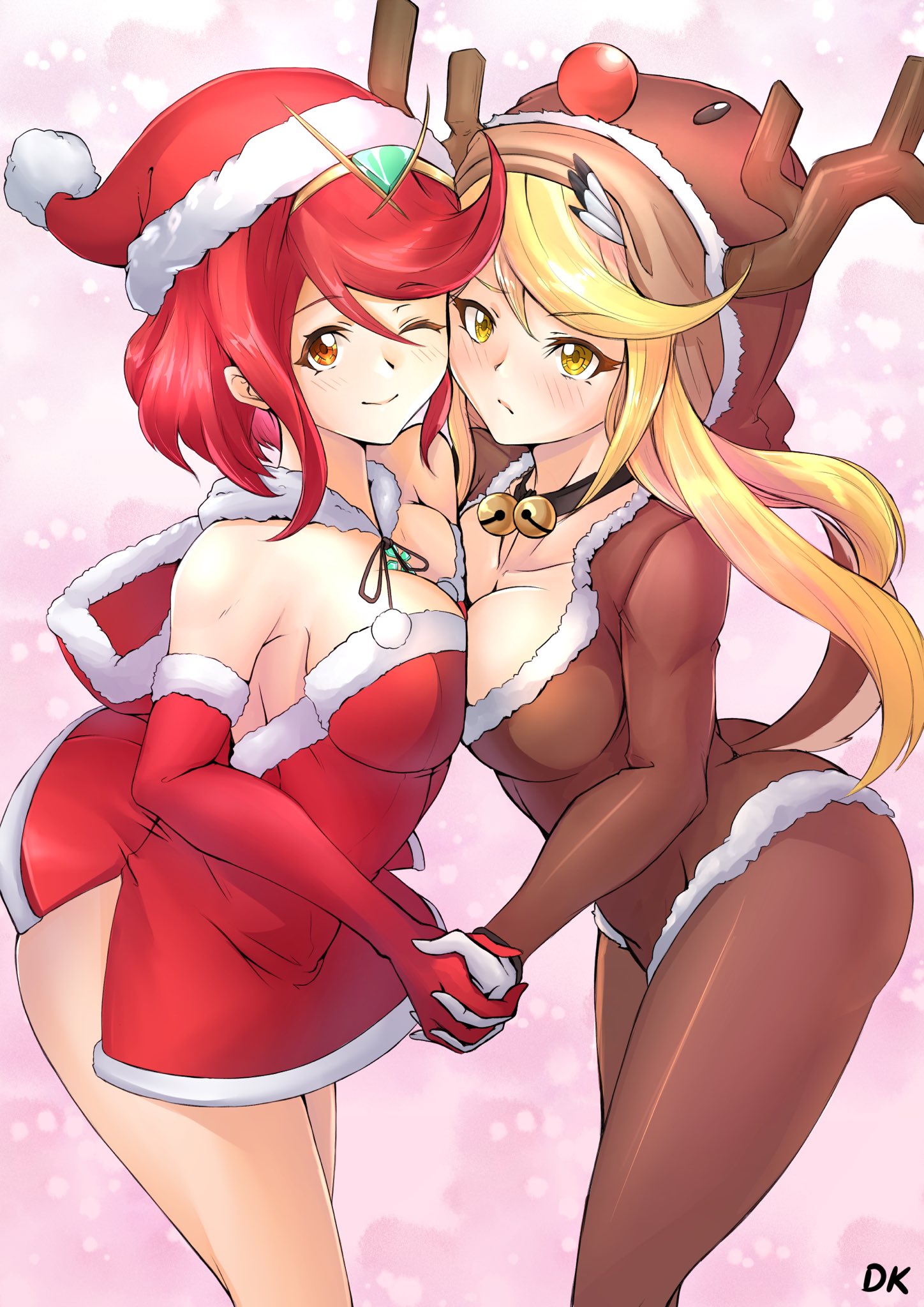 2girls, alternate costume, ara ara, blonde hair, blush, breast docking, breast press, breast squeeze, breasts, christmas, cleavage, deekei, female, hand holding, large breasts, long hair, looking at viewer, mythra, nintendo, one eye closed, open eyes, pyra, red hair, reindeer costume, santa costume, short hair, shy, smile, swept bangs, thighs, xenoblade (series), xenoblade chronicles 2