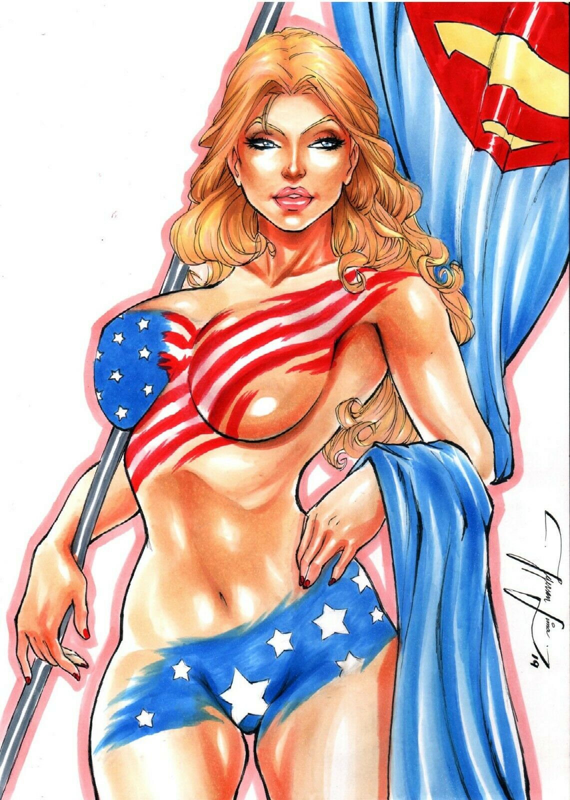 1girls 2019 american_flag blonde_eyebrows blonde_female blonde_hair blue_eyes bodypaint breasts busty censored convenient_censoring dated dc dc_comics ed_benes_studio eyeshadow female female_only high_resolution holding_flag jeferson_lima kara_zor-el large_breasts lipstick makeup mascara nail_polish nude pink_lips pink_lipstick pinup red_nail_polish red_nails signature sketch smile solo standing supergirl superheroine superman_(series) white_background