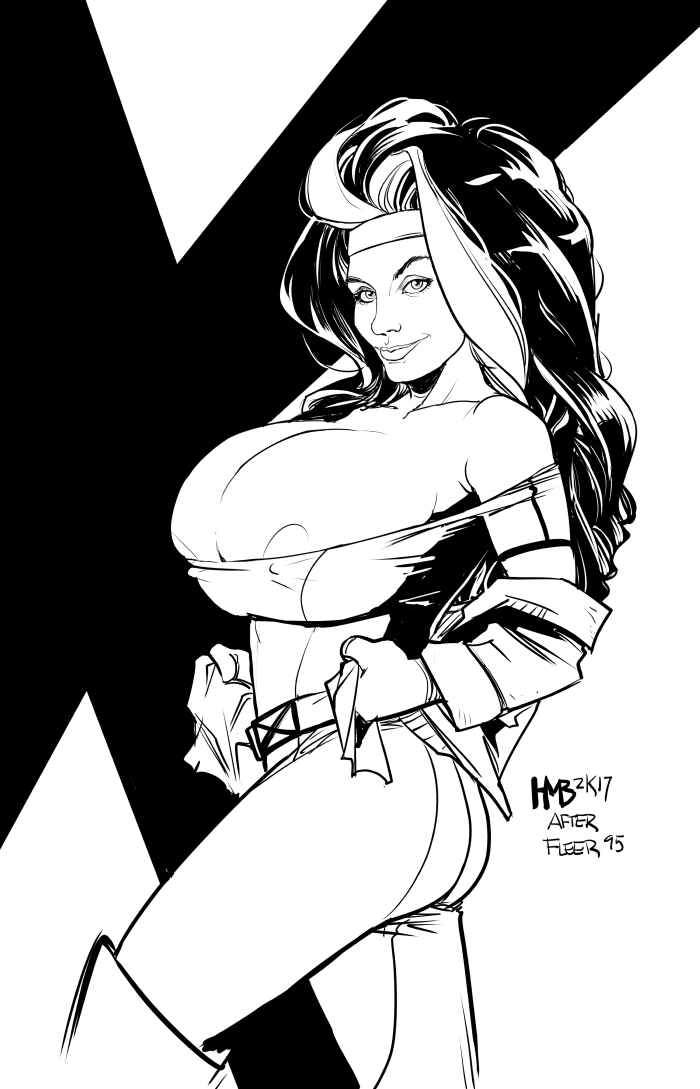 anna_marie areola_slip areolae bare_midriff big_breasts breasts busty cleavage erect_nipples female female_focus female_only hmb-art hourglass_figure large_breasts long_hair marvel marvel_comics monochrome nipple_bulge pinup rogue_(x-men) solo two_tone_hair wide_hips x-men