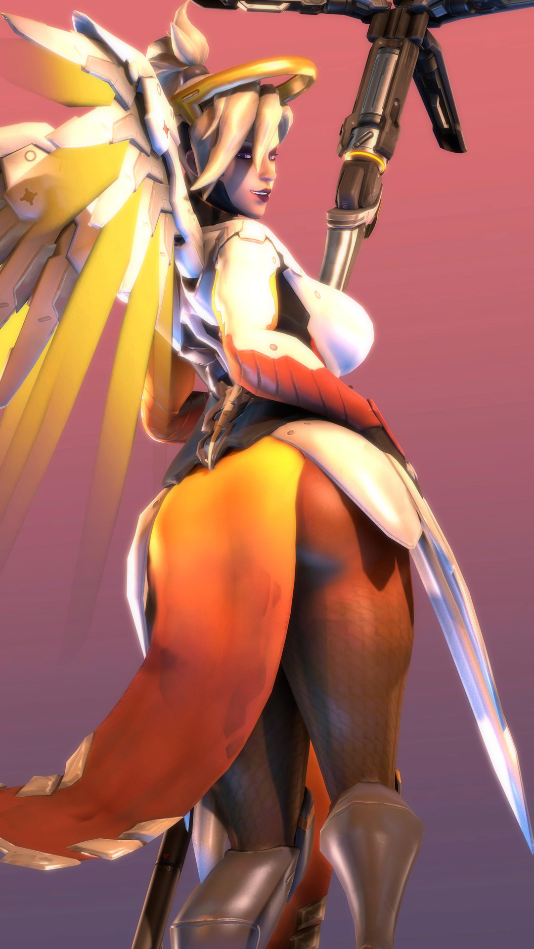 1girls, 3d, ass, big breasts, blonde hair, breasts, female, hand on ass, holding, holding weapon, large ass, lips, looking at viewer, looking back, mercy, overwatch, pink eyes, ponytail, sideboob, smile, staff, thick thighs, thighs, weapon