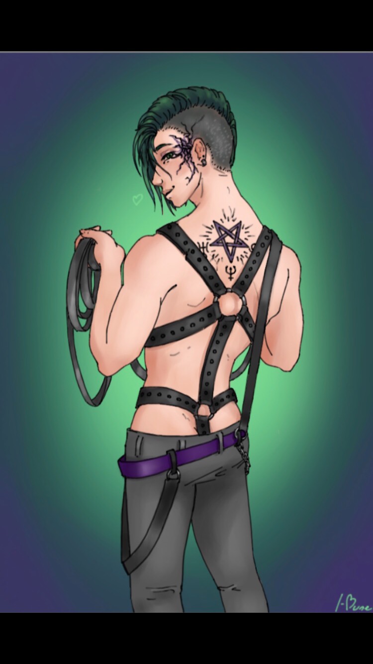 belt bondage enki green_hair harness leather looking_at_viewer looking_back male punk side_shave tattoo undercut villain yaoi