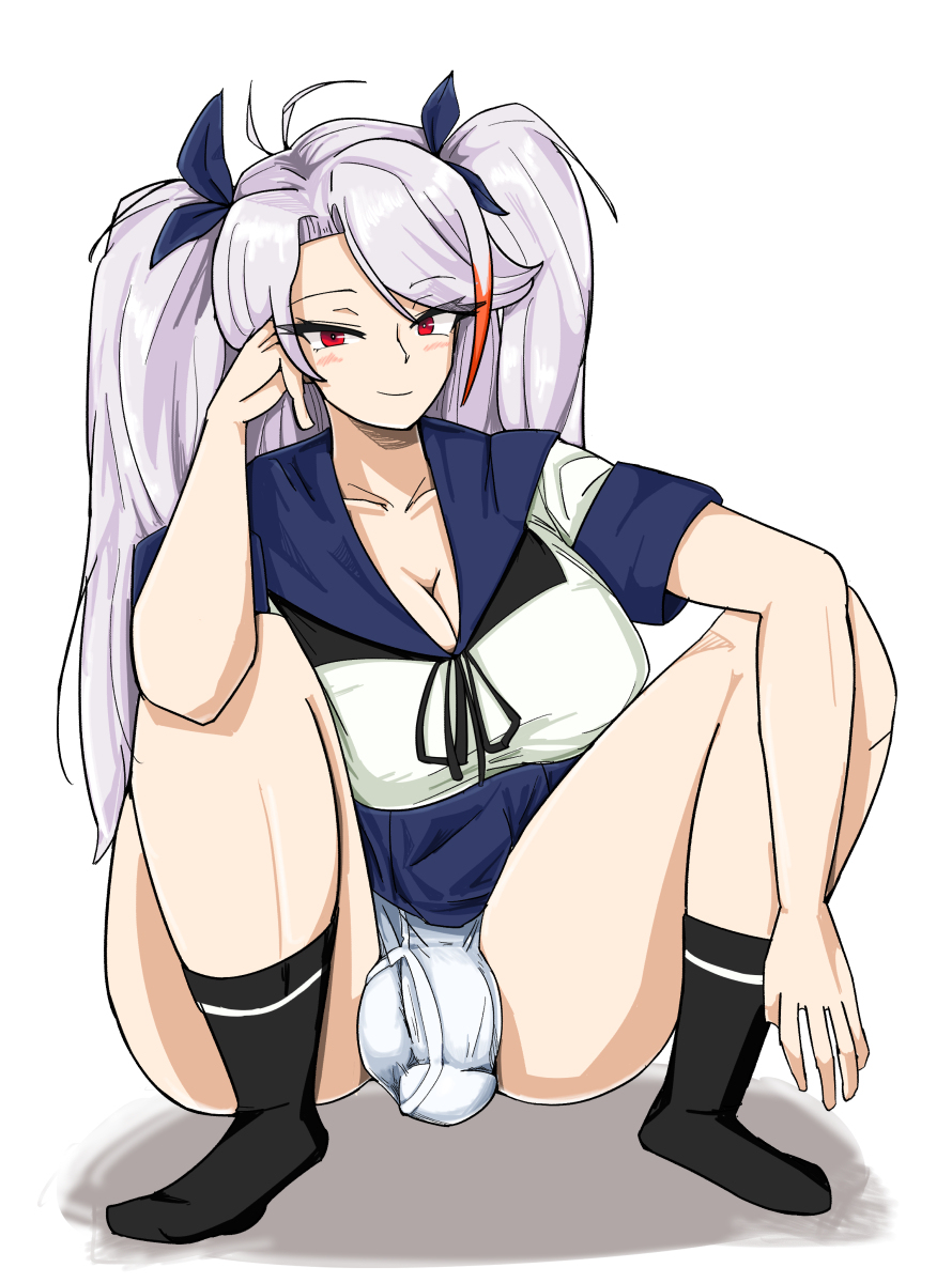 1futa, azur lane, big breasts, breasts, bulge, cleavage, full-package futa, futa only, futanari, grey hair, hair ribbon, intersex, long hair, penis, penis under clothes, prinz eugen (azur lane), red eyes, school uniform, socks, solo, squatting