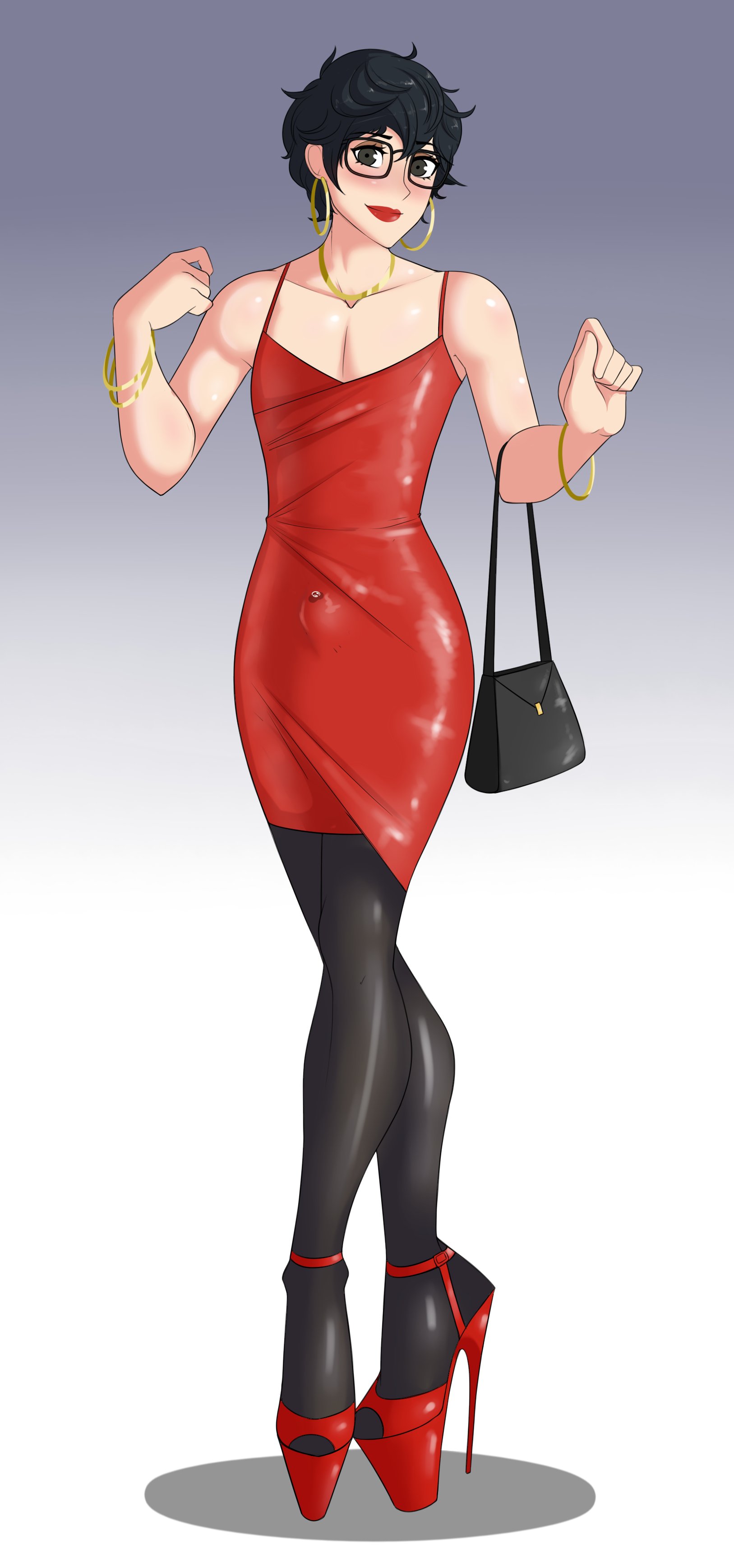1boy, akira kurusu, atlus, blush, bulge, clothing, crossdressing, cum, dress, earrings, erection, erection under clothes, eyewear, femboy, femboy only, footwear, girly, glasses, high heels, hoop earrings, human, joker (persona), legwear, lipstick, male, megami tensei, neckwear, pale skin, pantyhose, penis, penis under clothes, persona, persona 5, precum, purse, ren amamiya, sealguy, trap, wristwear