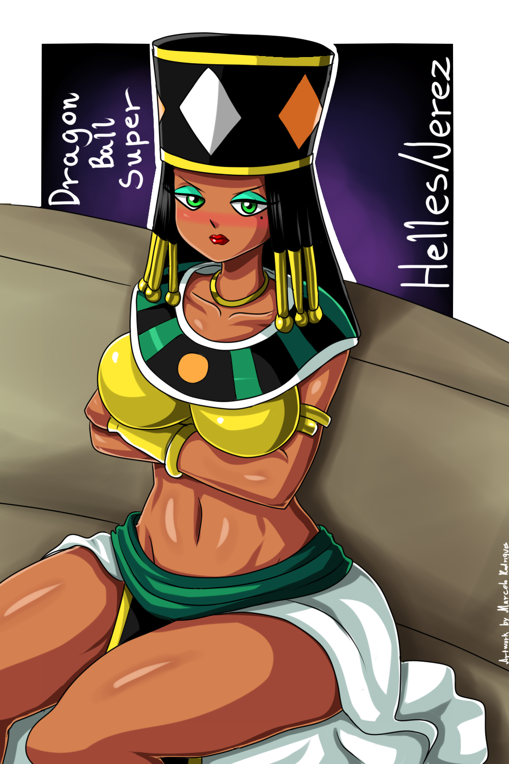 1girls bare_legs bare_midriff bare_thighs beauty_mark big_breasts bimbo black_hair blush bracelet breasts brown_skin crossed_arms curvaceous curvy dark-skinned_female dark_skin dragon_ball dragon_ball_super eyeshadow female female_focus female_only goddess green_eyes hat headwear helles hourglass_figure huge_breasts jewelry lipstick looking_at_viewer makeup mole mole_under_eye necklace red_lipstick rodriguesd-marcelo sitting solo solo_focus toned toned_female voluptuous wide_hips