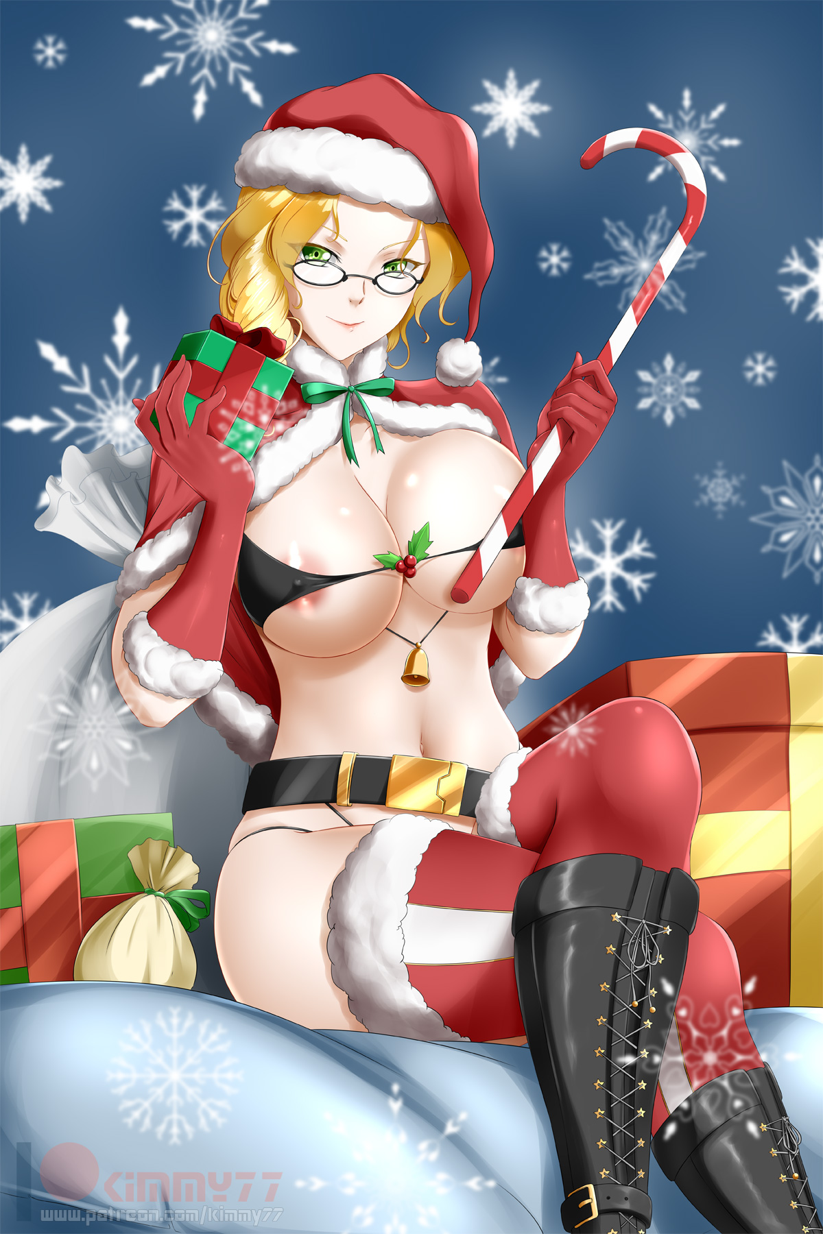 1girls, areolae, big breasts, boots, bra, breasts, christmas, female, female only, glynda goodwitch, high heel boots, high heels, kimmy77, large breasts, looking at viewer, rwby, solo