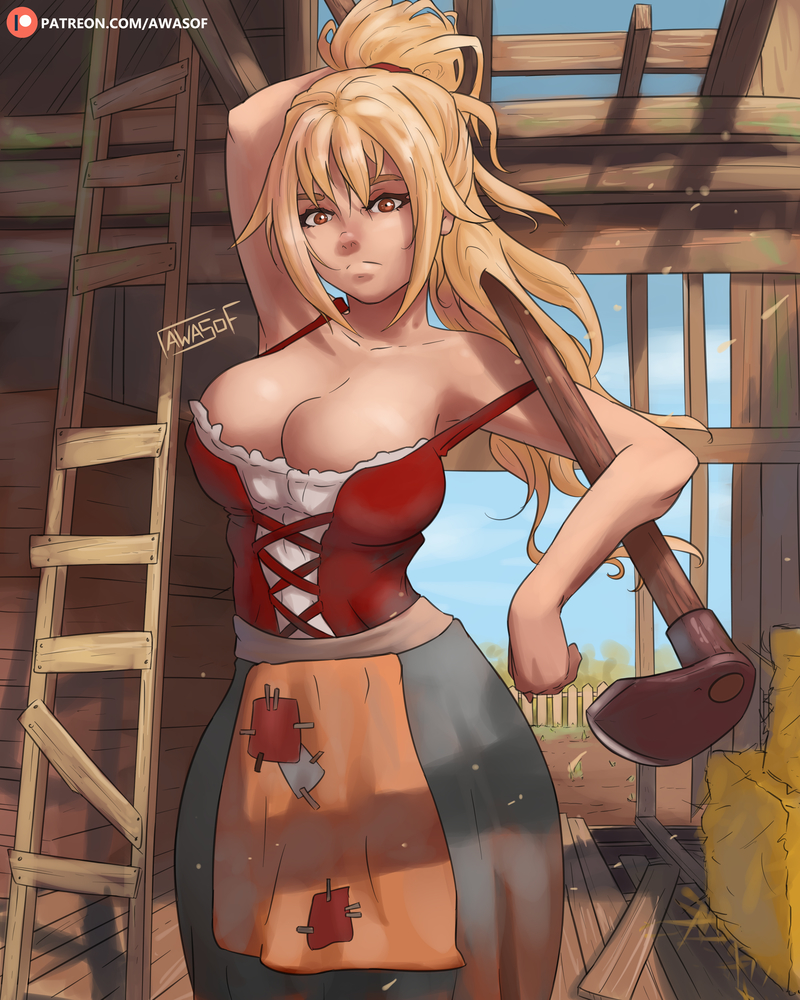 art_with_a_side_of_fries awasof barn big_breasts blonde_hair breasts brown_eyes cleavage curvy curvy_figure dirt dirty farm farmer medium_breasts red_dress shed sunny thick_thighs tools working