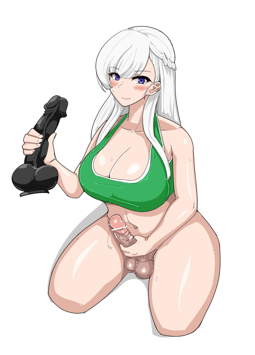 1futa, azur lane, balls, belfast (azur lane), blue eyes, breasts, censor bar, censored, cleavage, full-package futa, futa only, futanari, holding dildo, holding object, huge breasts, intersex, masturbation, solo, sports bra, testicles, white hair