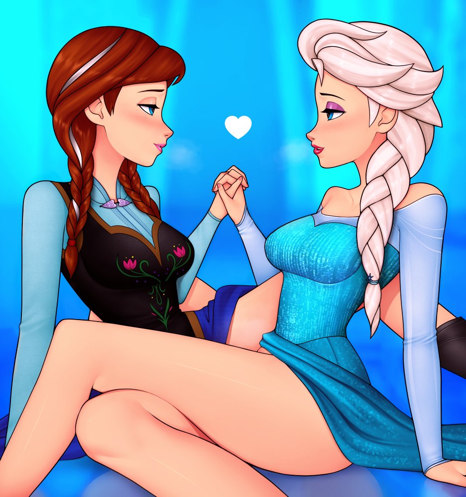 2girls, anna (frozen), bedroom eyes, blue theme, blush, braided hair, breasts, clothed, clothed sex, clothing, disney, dress, elsa (frozen), eye contact, eyeshadow, female, female only, frozen (film), hand holding, incest, large breasts, lesbian, light skin, lipstick, long hair, loodncrood, medium breasts, red hair, romantic, scissoring, sisters, smile, thick thighs, thighs, tribadism, white hair, yuri