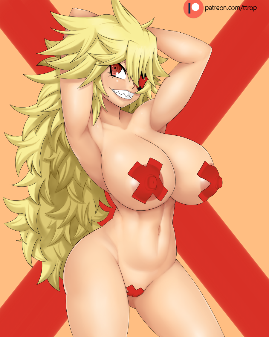 1girls areolae black_general blonde_hair breasts eyepatch female female_only huge_breasts pasties precarious_woman_executive_miss_black_general red_pasties solo thick_thighs ttrop wide_hips x_pasties zannen_onna-kanbu_black_general-san