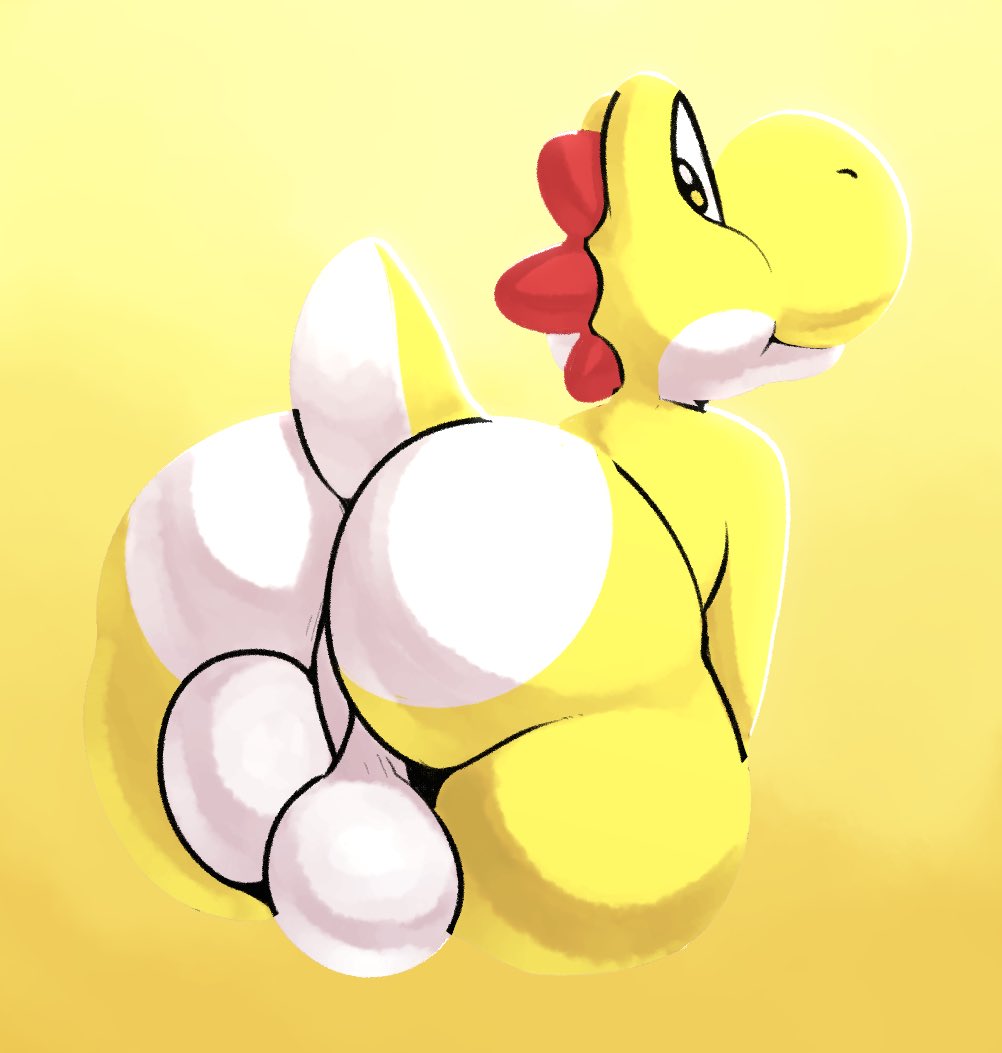 1boy, ass, back view, balls, big ass, big balls, big butt, femboy, komdog, komponi, looking at viewer, looking back, male, male only, mario (series), smiling, solo, solo male, swinging balls, white skin, yellow background, yellow eyes, yellow skin, yoshi