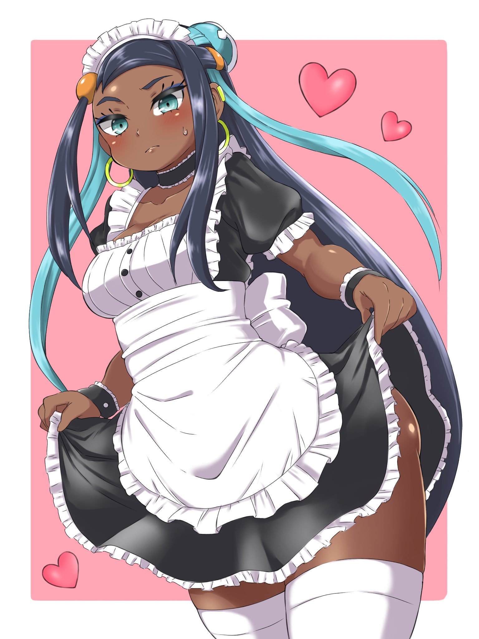 1girls, alternate breast size, alternate outfit, big breasts, blue eyes, blue hair, blush, breasts, choker, cleavage, clothed, clothes, dark skin, dark-skinned female, dress, dress lift, earrings, eye contact, eyelashes, eyeshadow, female, female only, half-closed eyes, headdress, heart, holding, hoop earrings, looking at viewer, maid, maid headdress, maid outfit, maid uniform, makeup, nessa (pokemon), nintendo, pengin maru (artist), pink background, pokemon, pokemon ss, pose, solo, standing, sweat, thick thighs, thighhighs, wet, white border, white thighhighs, wide hips