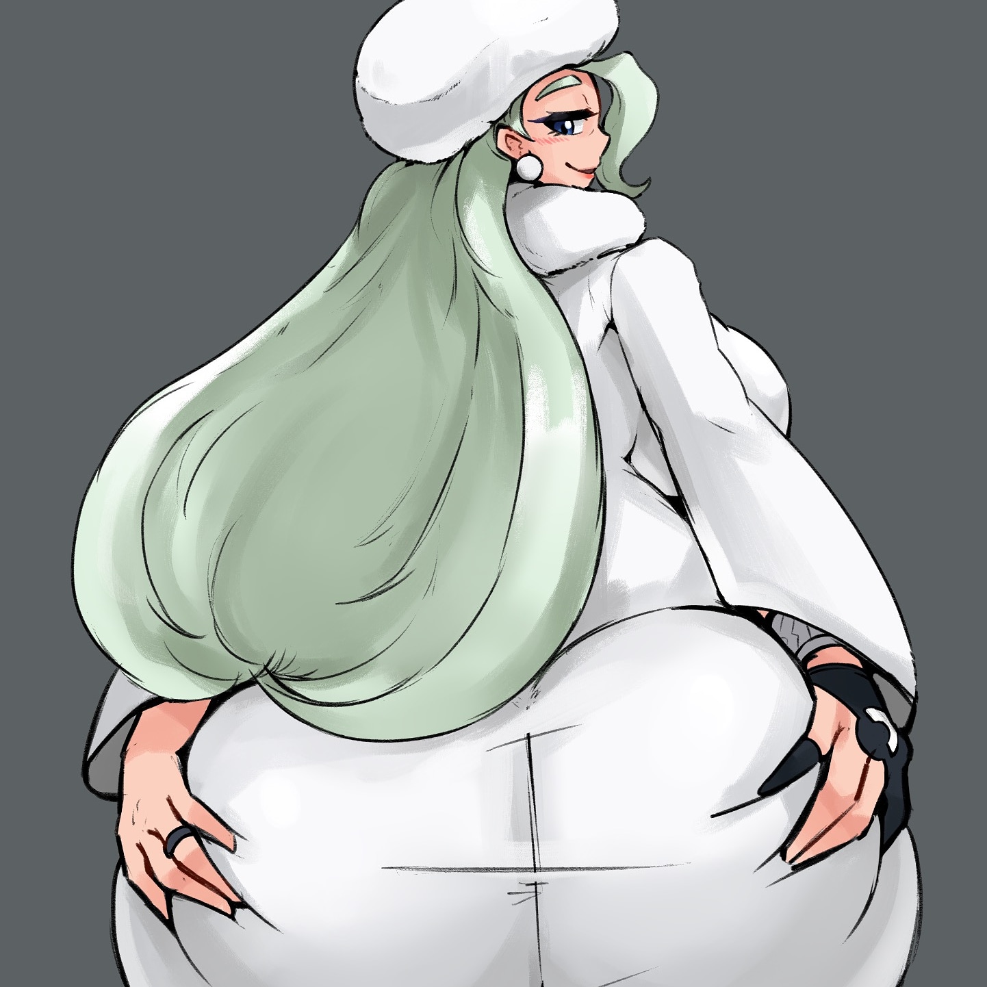 1girls, alternate breast size, artist request, ass, ass grab, blue eyes, breasts, bubble ass, bubble butt, chubby, clothed, dress, earrings, eye contact, female, female only, gloves, green hair, half-closed eyes, hat, huge ass, huge breasts, human, human only, long hair, looking at viewer, looking back, melony (pokemon), milf, mother, nintendo, pokemon, pokemon ss, pose, ring, seductive, sketch, solo, source request, thick thighs, wide hips