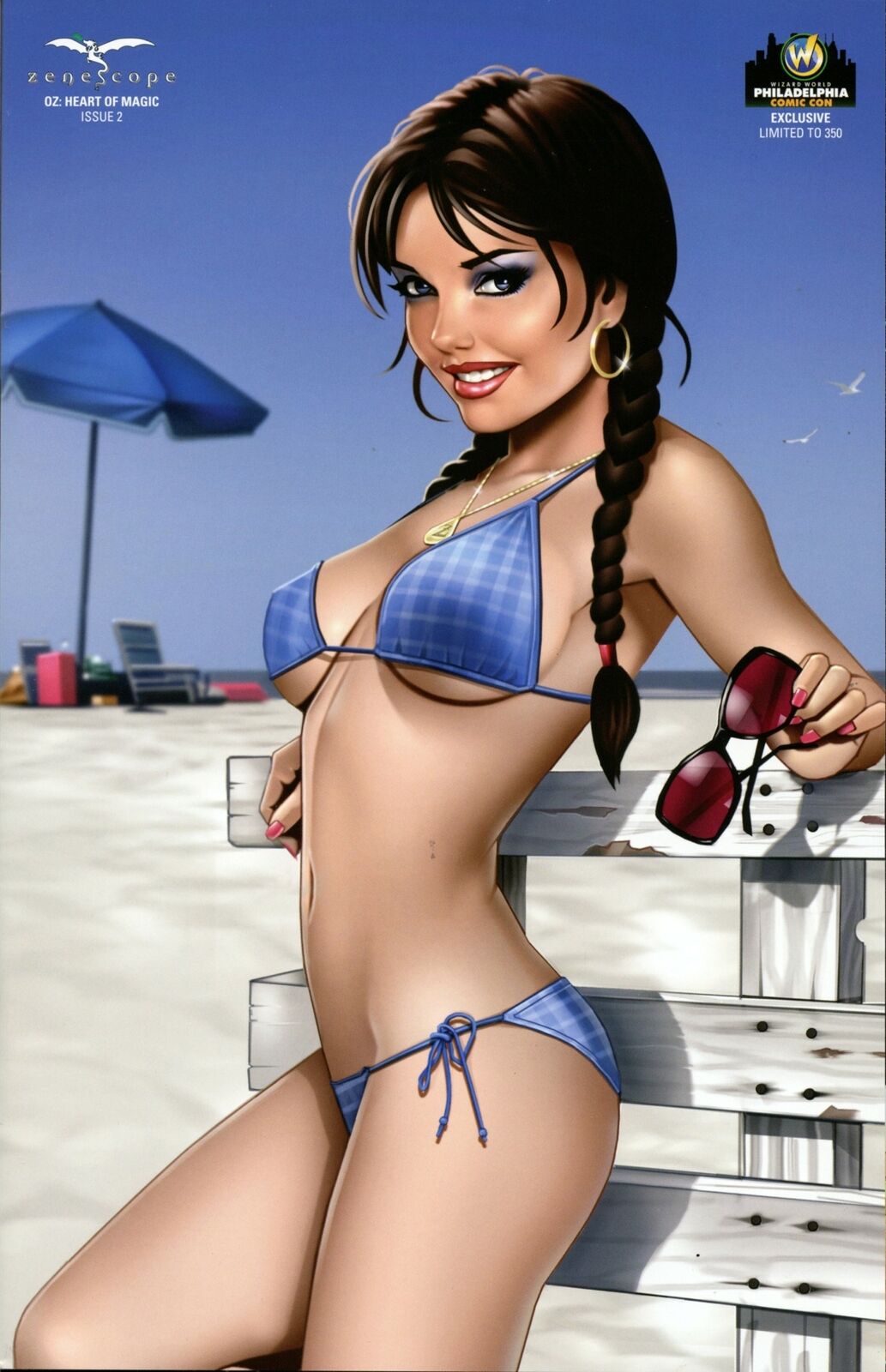 1girls beach beach_chair big_breasts bikini_bottom bikini_top blue_bikini blue_bikini_bottom blue_bikini_top blue_bra blue_eyes blue_panties bra braid braided_pigtails breasts brown_hair busty chair cleavage comic_cover dorothy_gale_(zenescope) earrings female female_only fence grimm_fairy_tales_(comic) holding_sunglasses hoop_earrings keith_garvey large_breasts lipstick looking_at_viewer nail_polish necklace nipple_bulge ocean official_art philadelphia pink_nail_polish pink_nails pinup plaid_bikini realistic red_lips red_lipstick sand smile solo standing sunglasses sunglasses_removed swimsuit text the_wizard_of_oz thighs twintails umbrella water wooden_fence zenescope zenescope_entertainment