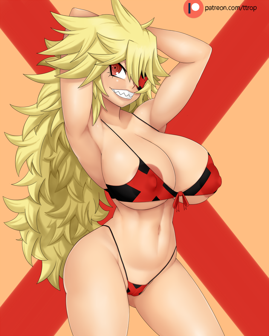 1girls areolae bikini black_general blonde_hair breasts eyepatch female female_only huge_breasts precarious_woman_executive_miss_black_general solo thick_thighs ttrop wide_hips zannen_onna-kanbu_black_general-san