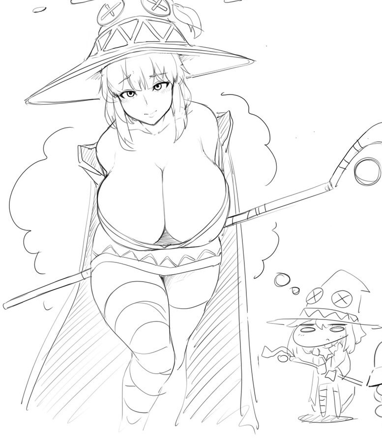 1girls, aged up, alternate breast size, breasts, busty, child bearing hips, curvaceous, curvy, daydream, dream, exhibitionism, female, huge breasts, inviting, kono subarashii sekai ni shukufuku wo!, looking at viewer, mature female, megumin, monochrome, sinensian, staff, suggestive, thick thighs, voluptuous, wide hips, witch, witch hat
