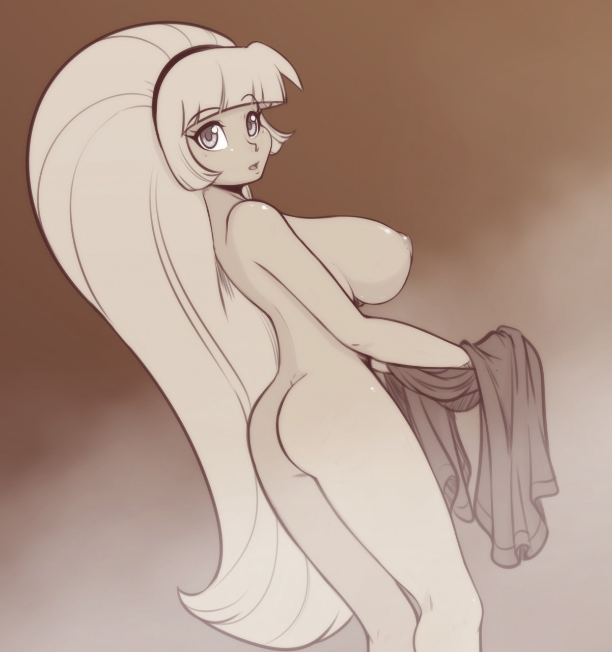 1girls, ass, big breasts, blush, breasts, completely naked, completely nude, disney, disney channel, disney xd, embarrassed, embarrassed nude female, female, female only, gravity falls, holding clothes, holding clothing, human, large breasts, long hair, looking at viewer, monochrome, nipples, nude, nude female, pacifica northwest, ponytail, scorpdk, solo, standing, straight hair, towel, very long hair