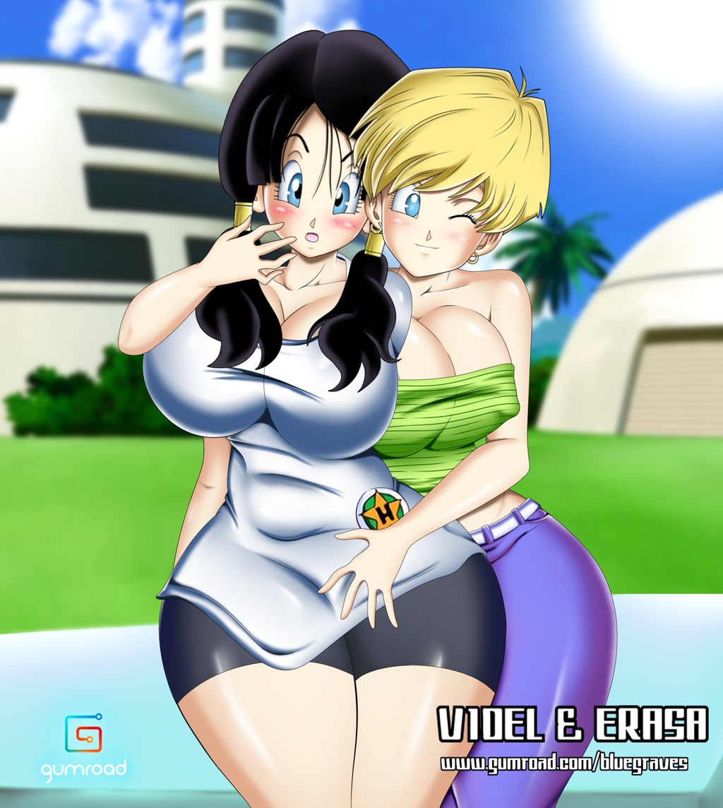 2girls big_breasts bike_shorts black_hair blonde_hair blue_eyes bluegraves blush breasts busty censored cleavage clothed dragon_ball dragon_ball_z erasa female female_only heels hips hug hug_from_behind huge_breasts jeans large_breasts legs looking_at_viewer nipple_bulge open_mouth pigtails school school_girl sexually_suggestive shirt short_hair shorts shounen_jump spandex surprised teenager thick_thighs thighs tubetop twintails videl voluptuous wide_hips wink yuri