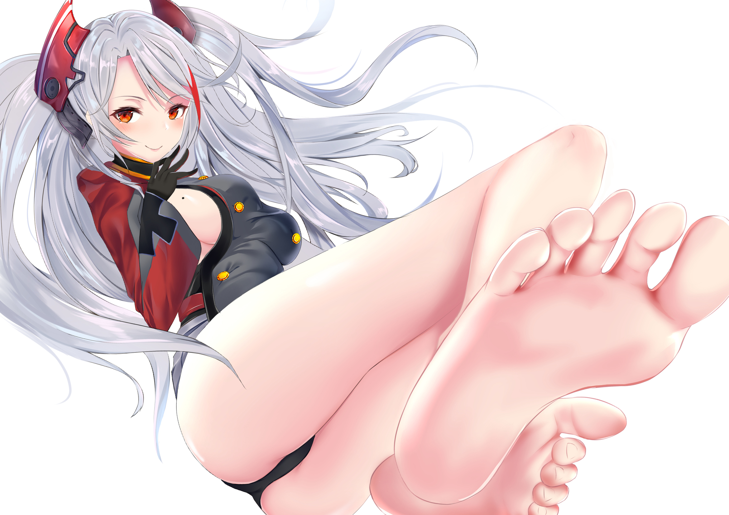 1girls, azur lane, barefoot, blush, breasts, clothed female, feet, female, foot focus, long hair, looking at viewer, mole on breast, pov feet, prinz eugen (azur lane), sideboob, smile, soles, solo, thighs, toes, twintails, white background, white hair