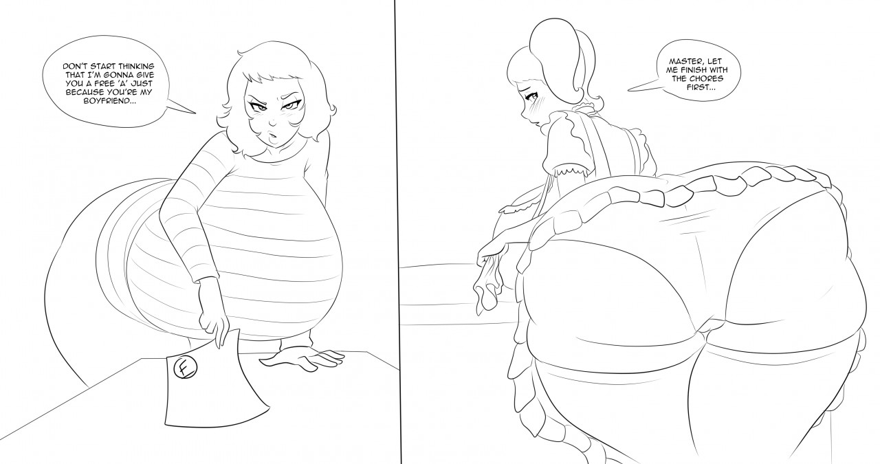 1girls, ass, back view, becky (persona), blush, blushing, breasts, clothing, dialogue, fat ass, female, front view, gigantic ass, gigantic breasts, hips, huge ass, huge breasts, hyper, hyper ass, hyper breasts, maid, maid uniform, marauder6272, monochrome, panties, persona, persona 5, sadayo kawakami, short hair, speech bubble, teacher, text, thick thighs, thighhighs, thighs, twintails, upskirt, wide hips
