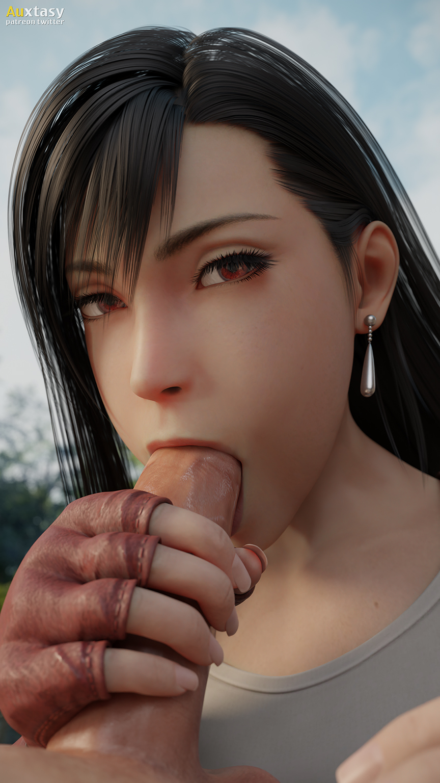 1boy, 1girls, 3d, auxtasy, black hair, blender, dissidia, dissidia final fantasy, earrings, eye contact, fellatio, female, final fantasy, final fantasy vii, fingerless gloves, jewelry, light skin, light-skinned female, light-skinned male, long hair, looking at viewer, male, oral, oral sex, pale skin, pale-skinned female, pale-skinned male, penis, penis grab, red eyes, straight, tagme, tifa lockhart