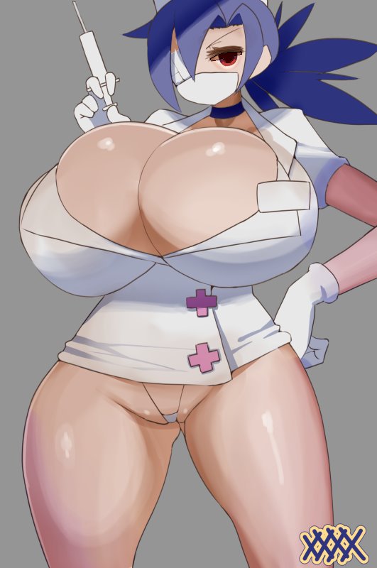 blue_hair breasts gloves holding_syringe huge_breasts large_breasts long_hair looking_at_viewer nananana nurse nurse_cap nurse_uniform open_eyes panties pantyshot skullgirls syringe underwear valentine_(skullgirls)