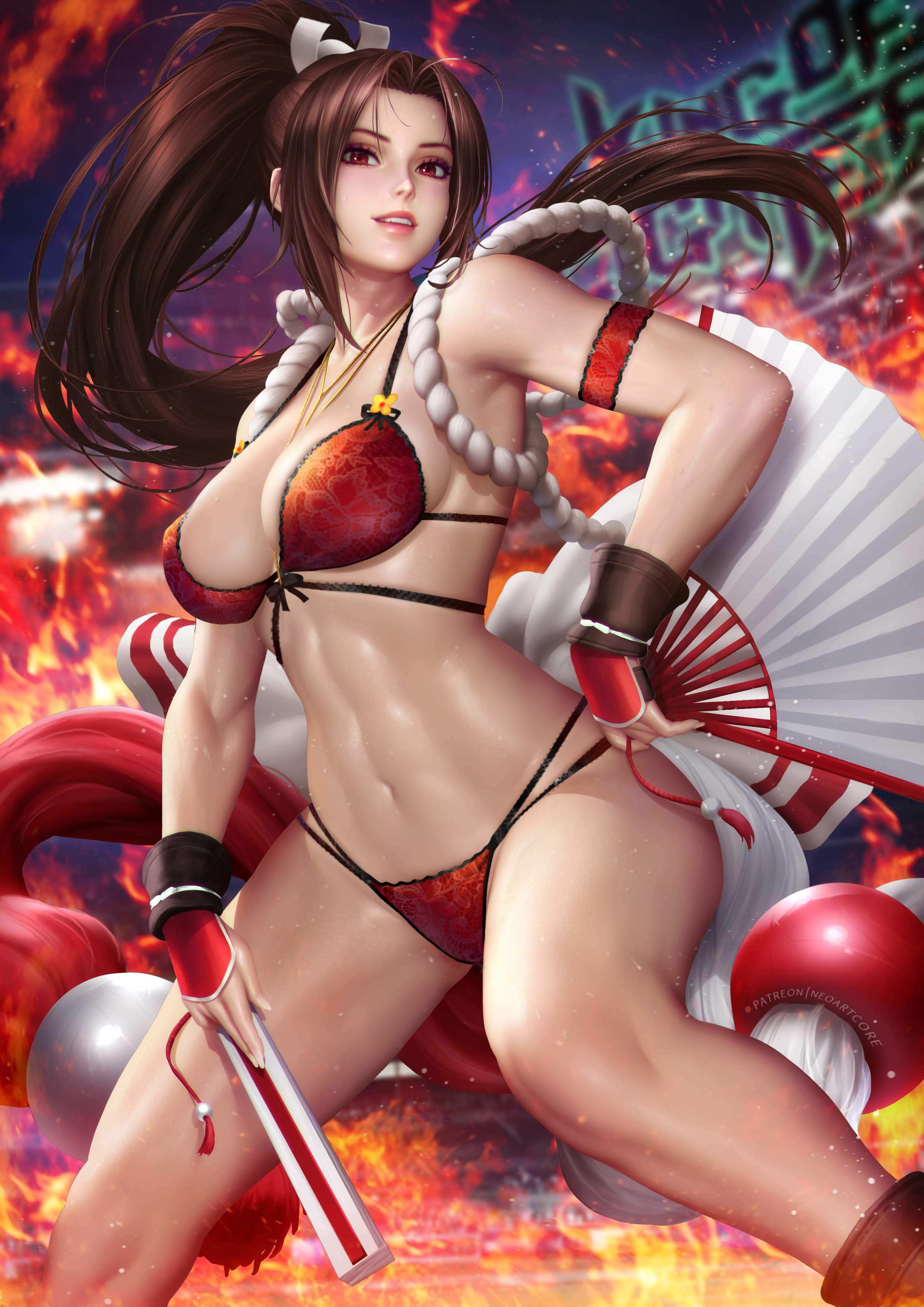 1girls, absurd res, bra, brown hair, fan, fatal fury, female, king of fighters, lingerie, long hair, mai shiranui, neoartcore, paid reward, panties, patreon reward, red bra, red lingerie, red panties, red thong, snk, thong