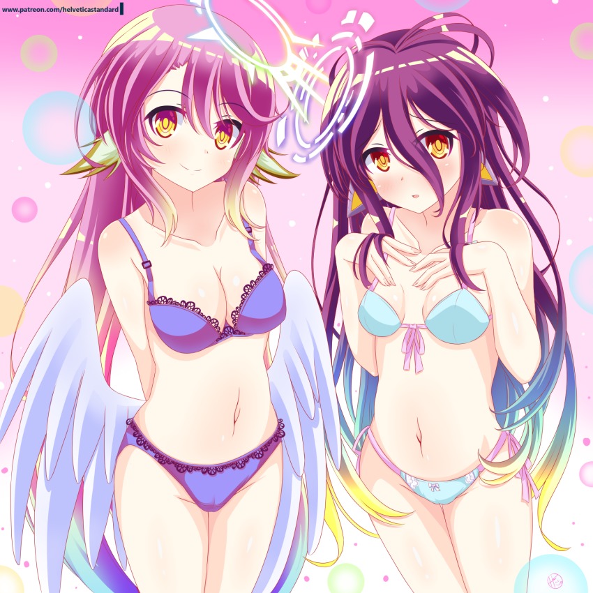 2girls angel_wings arms_behind_back bikini blue_bikini blush bow_bikini bra breasts cleavage closed_mouth commentary_request embarrassed eyebrows_visible_through_hair feathered_wings gradient_hair hair_between_eyes halo head_wings helvetica_5tandard helvetica_std highres jibril_(no_game_no_life) long_hair looking_at_viewer low_wings magic_circle medium_breasts multicolored multicolored_eyes multicolored_hair multiple_girls navel no_game_no_life open_mouth panties pink_hair purple_bra purple_eyes purple_hair purple_panties red_eyes schwi_(no_game_no_life) small_breasts smile swimsuit underwear underwear_only very_long_hair watermark web_address wings yellow_eyes