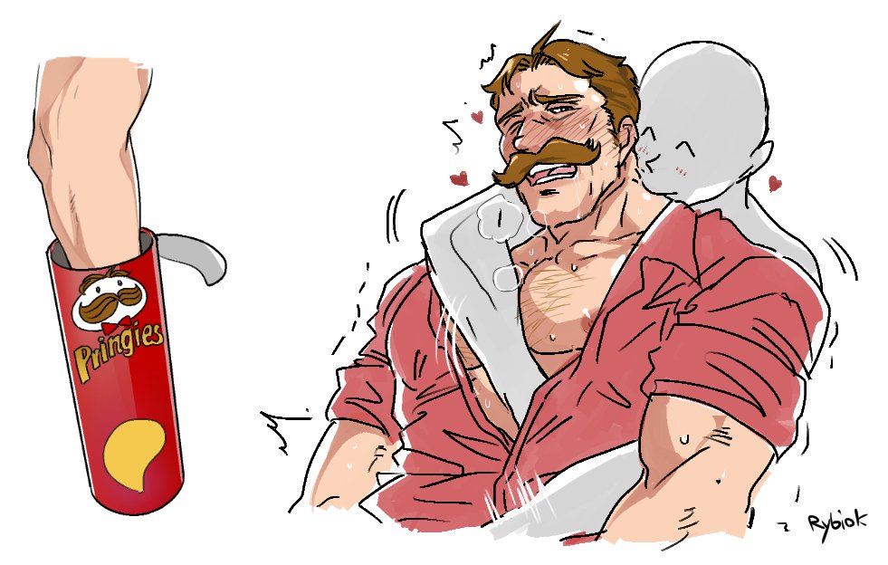 arm_on_shoulder bara blush chest chest_hair chip_daddy chips daddy fantasy gasp gasping gay hairy hugging human human_only julius_pringles male male_only muscular pecs pringles rybiok white_background yaoi