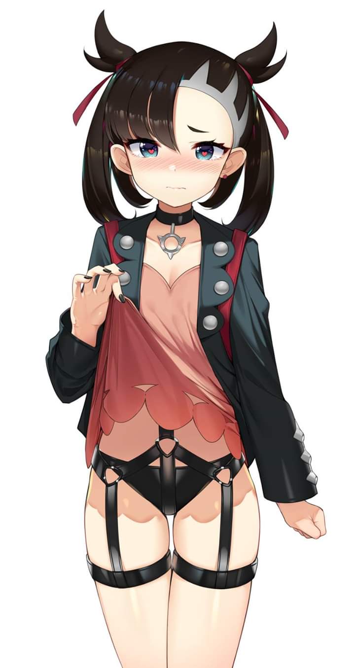 1girls, black hair, blush, collar, dress, embarrassed, eye contact, female, game freak, hair over one eye, half-closed eyes, jacket, jewelry, lingerie, looking at viewer, marnie (pokemon), minidress, nintendo, open eyes, panties, pokemon, pokemon ss, short hair, solo, thick thighs, thigh gap, underwear, wide hips
