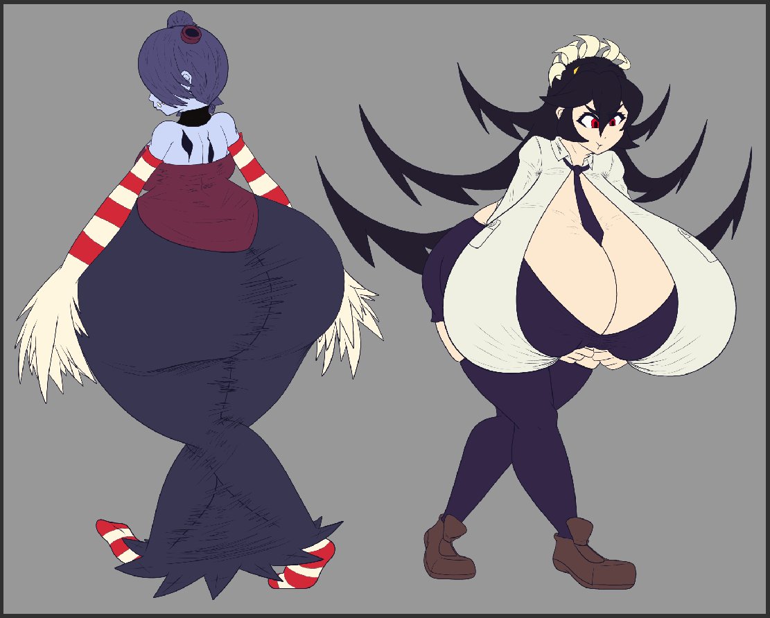 2girls, ass, ass expansion, breast expansion, breast growth, breast growth (enlargement), breasts, female, filia (skullgirls), leviathan (skullgirls), samson (skullgirls), skullgeist, skullgirls, squigly, tagme