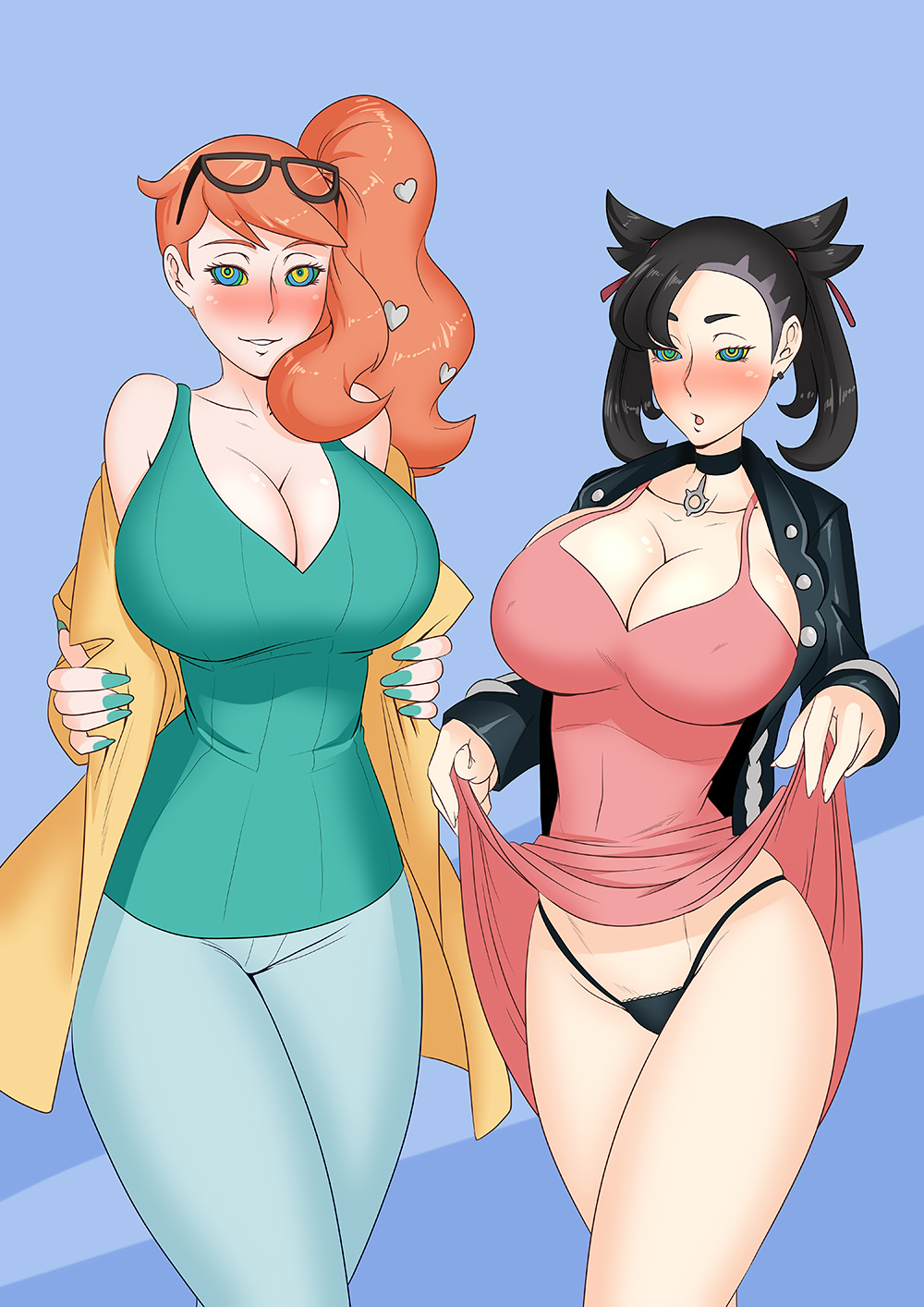 2girls, abs, alternate breast size, alternate eye color, ass, big breasts, black hair, blue nails, blush, breasts, choker, cleavage, clothed, dress, dress lift, eye contact, eyewear on head, female, female only, hair ornament, hair over one eye, half-closed eyes, heart, hourglass figure, huge breasts, human, human only, hypnosis, large breasts, looking at viewer, marnie (pokemon), mind control, nail polish, nintendo, oo sebastian oo, orange hair, panties, pants, pokemon, pokemon ss, ponytail, shirt, skirt, skirt lift, sonia (pokemon), spiral eyes, thick thighs, wide hips
