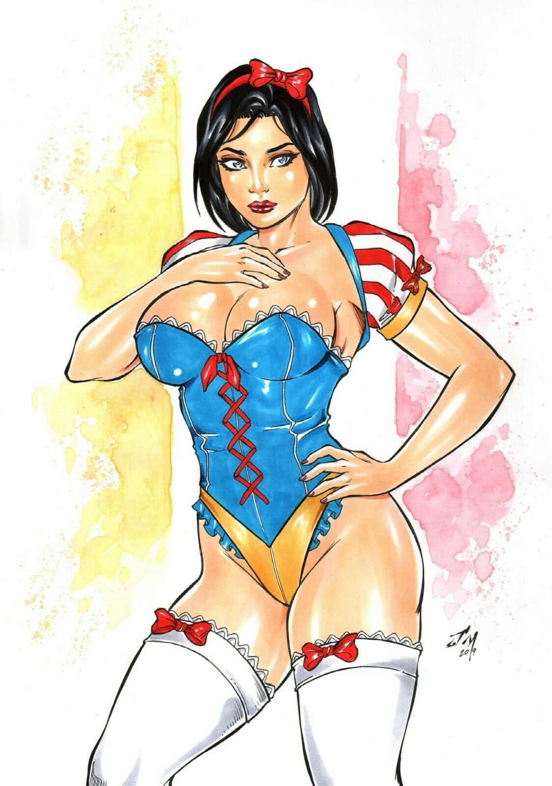 1girls 2019 big_breasts black_hair blue_dress blue_eyes blue_leotard bob_cut bow breasts busty cosplay cowboy_shot crossover dated dress ed_benes_studio eyeshadow female female_only grimm_fairy_tales_(comic) hairbow junior_maia large_breasts leotard lipstick looking_to_the_side makeup mascara nail_polish panties pinup red_bow red_lips red_lipstick red_nail_polish red_nails short_hair signature skye_mathers snow_white_(cosplay) solo stockings thighhighs thighs thong traditional_media white_stockings white_thighhighs yellow_panties yellow_thong zenescope zenescope_entertainment