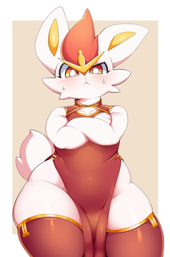 alternate outfit, ambiguous gender, anthro, anthrofied, berseepon09, big ears, big hips, blush, bunny, cinderace, clothed, clothing, crossed arms, eye contact, fur, furry, furry only, half-closed eyes, loincloth, looking at viewer, nintendo, original character, pokémon (species), pokemon, pokemon (species), pose, solo, source request, sweat, tail, thick hips, thick thighs, wide hips