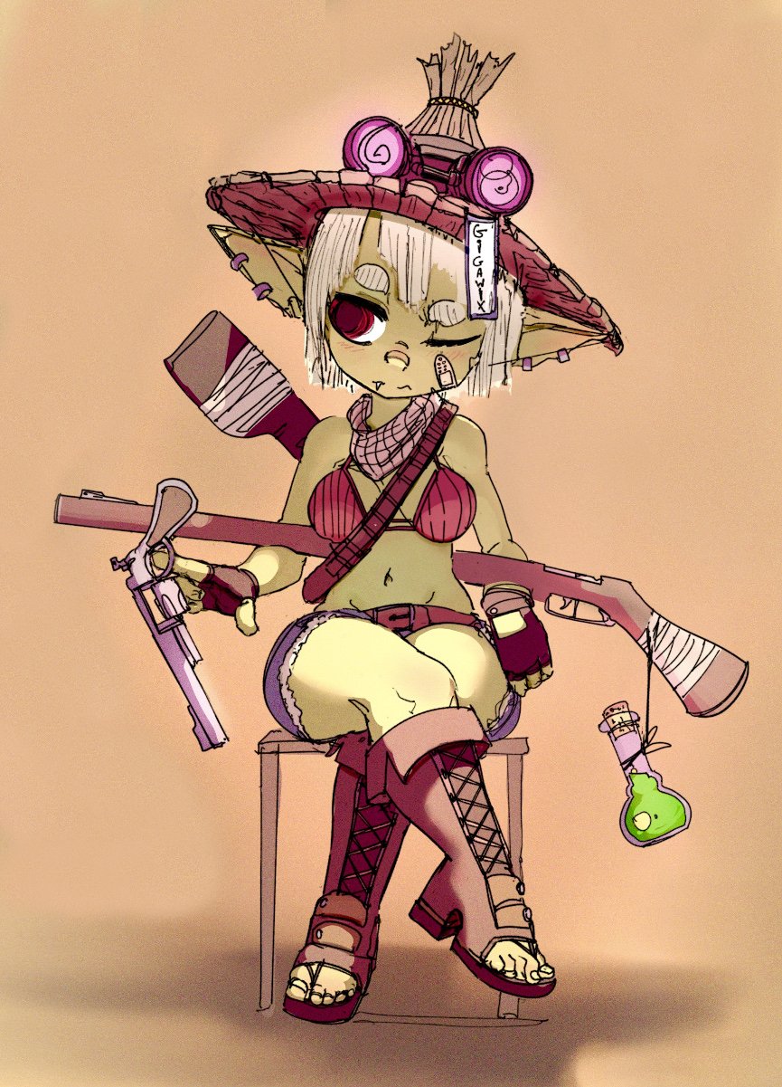 1girls artist_name bandage bandana bikini_top blush earrings fang female fingerless_gloves firearm gigawix gloves goblin goblin_female goggles goggles_on_hat green-skinned_female gun handgun hat headwear high_heel_boots lace-up_boots multiple_piercings one_eye_closed open-toe_heels pointy_ears potion red_eyes revolver rifle short_hair shorts weapon white_hair