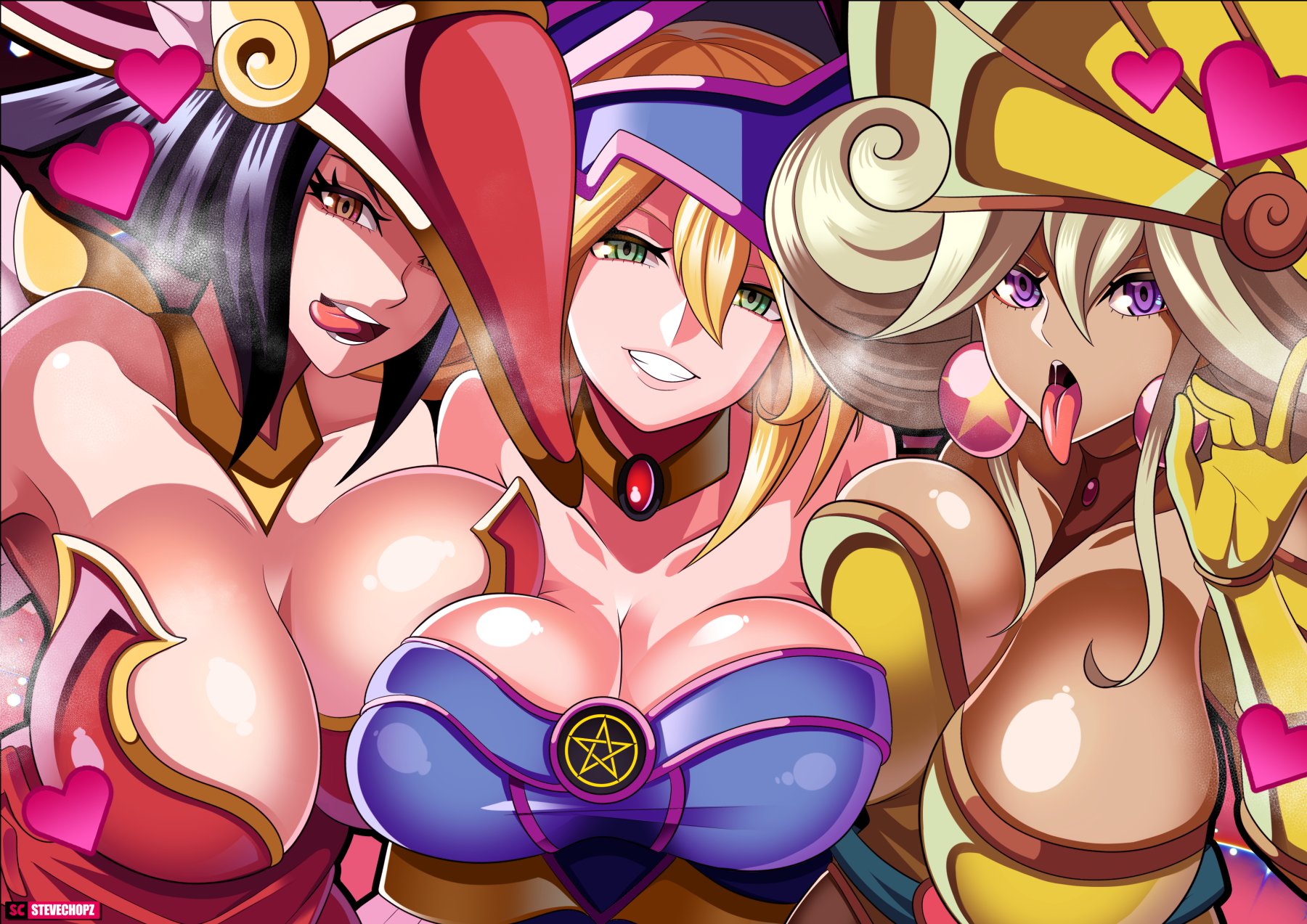 3girls, alternate breast size, apple magician girl, armpits, big breasts, black hair, blonde hair, breast frottage, breasts, brown eyes, clothes, dark magician girl, dark skin, dark-skinned female, eye contact, female, female only, green eyes, half-closed eyes, heavy breathing, lemon magician girl, long hair, looking at viewer, magician hat, purple eyes, short hair, shounen jump, source request, stevechopz, text, yu-gi-oh!, yu-gi-oh! the dark side of dimensions, yuu-gi-ou duel monsters