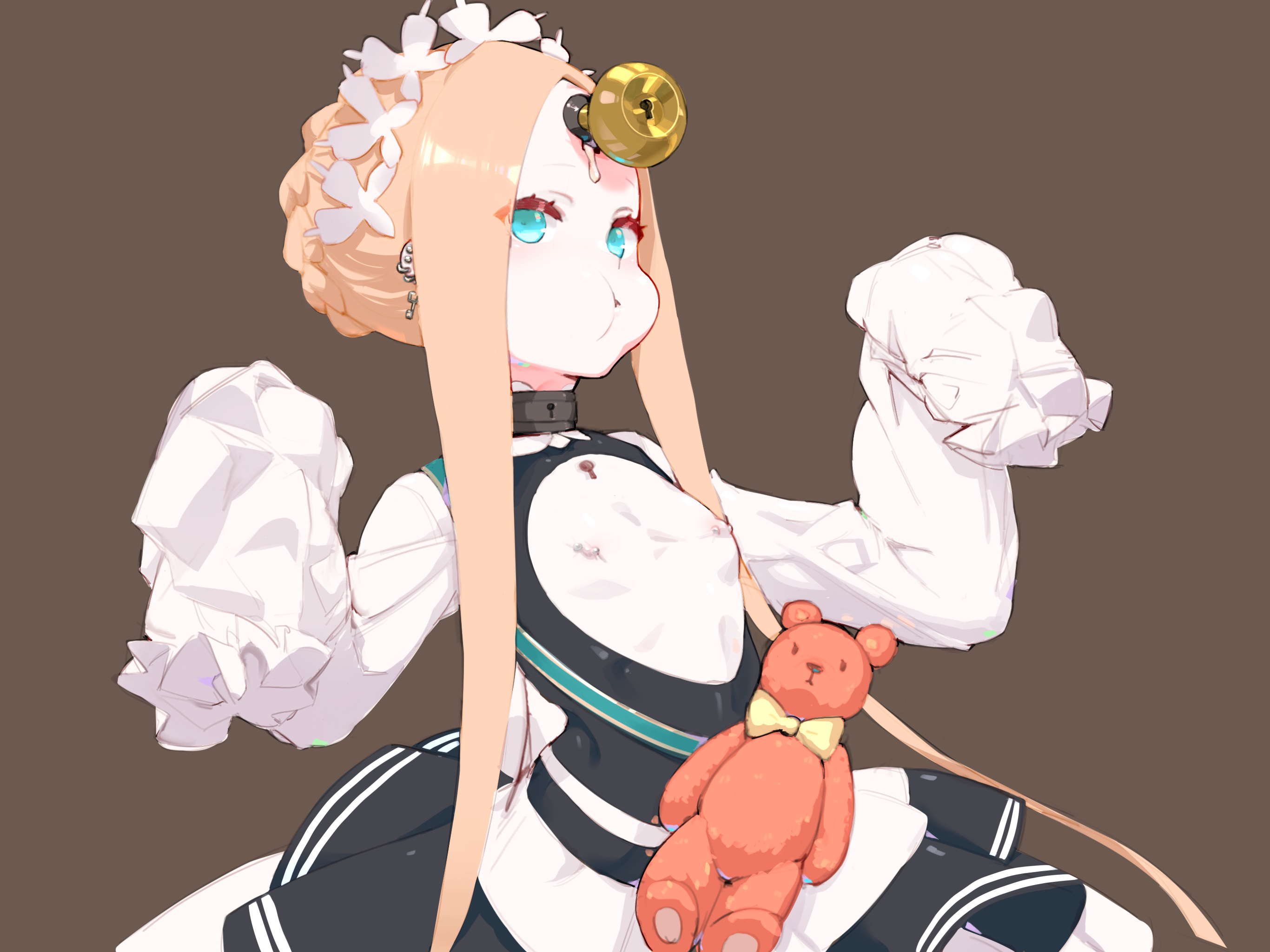 abigail williams (fate/grand order), blonde hair, blue eyes, choker, cum, dildo, doorknob, fate (series), fate/grand order, female, pierced nipples, teddy bear, victim alice, white skin