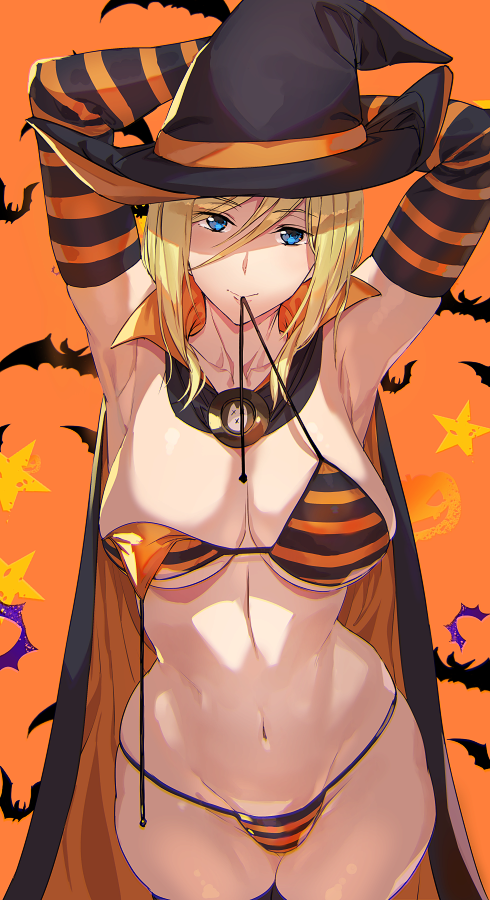 ashiomi_masato blonde_hair blue_eyes breasts cape cowl guilty_gear looking_at_viewer millia_rage smile solo_female striped_bikini striped_gloves thick_thighs underwear undressing witch_hat