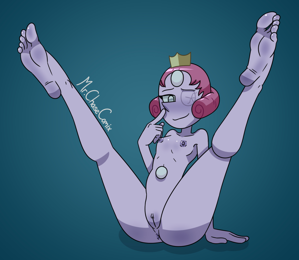 barefoot, blush, breasts, cartoon network, crown, feet, feet up, female, gem (species), gem fusion, legs up, looking at viewer, mega pearl, mr. chase comix, purple skin, pussy, small breasts, smiling, soles, spread legs, spreading, steven universe, steven universe future, toes
