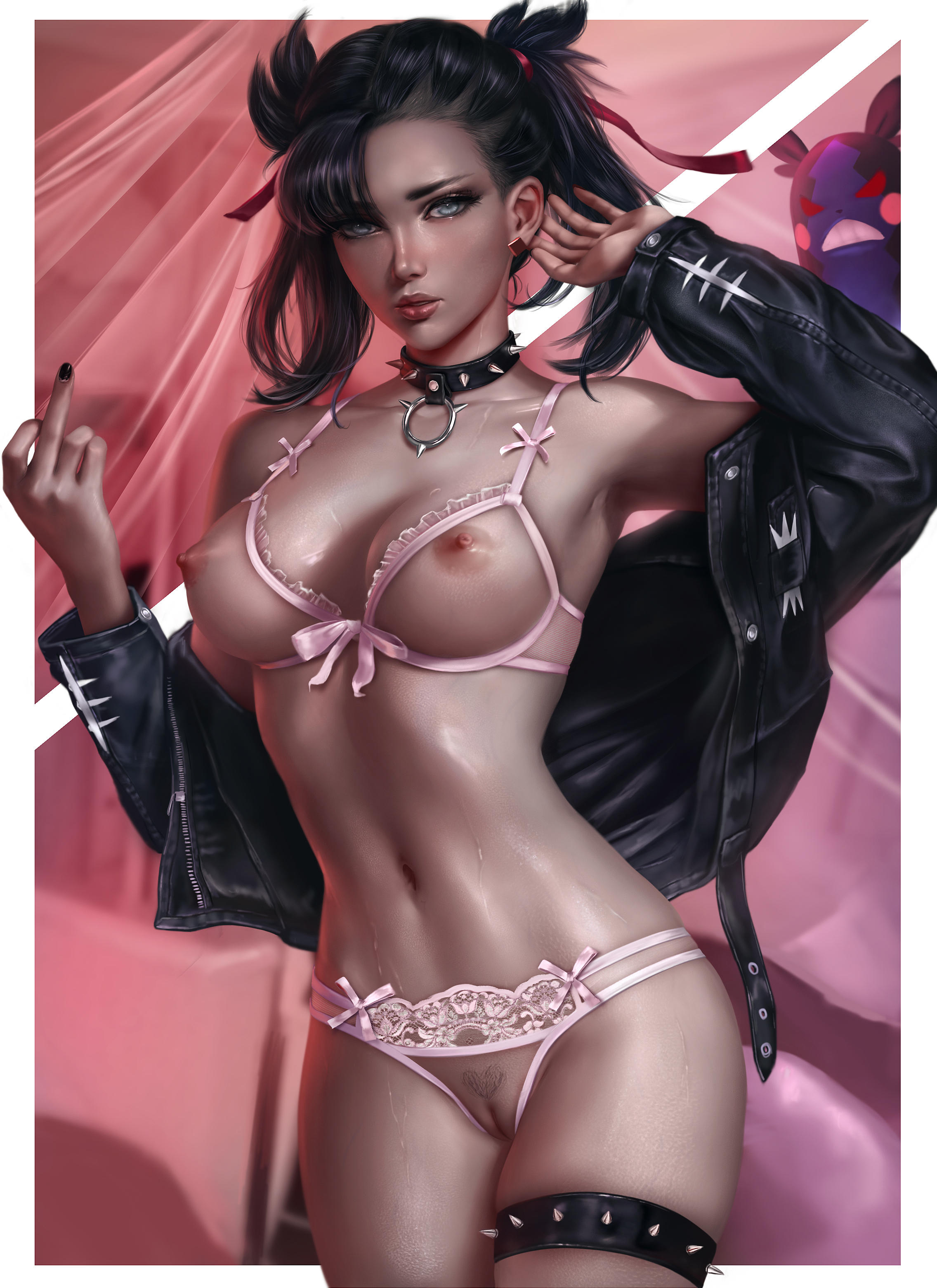 1girls, aged up, alternate breast size, alternate outfit, alternate version available, ambiguous gender, areolae, armpits, ass, belly, big ass, big breasts, big butt, black hair, black jacket, black nails, blue eyes, blush, bra, breasts, choker, cleavage, clothing, cupless bra, curvy, detailed background, earrings, exposed, exposed breasts, exposed pussy, eye contact, eyelashes, female, female focus, female only, furry, hair over one eye, hair ribbon, half-closed eyes, hi res, highres, jacket, large breasts, larger female, leather jacket, light skin, lingerie, logan cure, looking at viewer, marnie (pokemon), middle finger, morpeko, mostly nude, nail polish, navel, nintendo, nipples, nude, panties, patreon, pink background, pink bra, pink panties, pokemon, pokemon ss, pose, posing, presenting, pubic hair, pussy, realistic, rodent, short hair, size difference, solo, solo female, solo focus, source request, spiked collar, standing, sweat, sweatdrop, thick, thick thighs, thigh strap, thighs, twintails, vagina, wet, white border, wide hips
