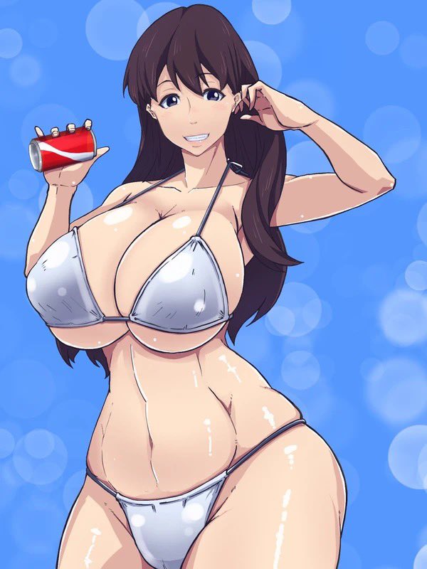 bikini, breasts, brown hair, cleavage, cola, curvy, female, huge breasts, long hair, original, smiling, thick thighs, tomoki (dais729sof)
