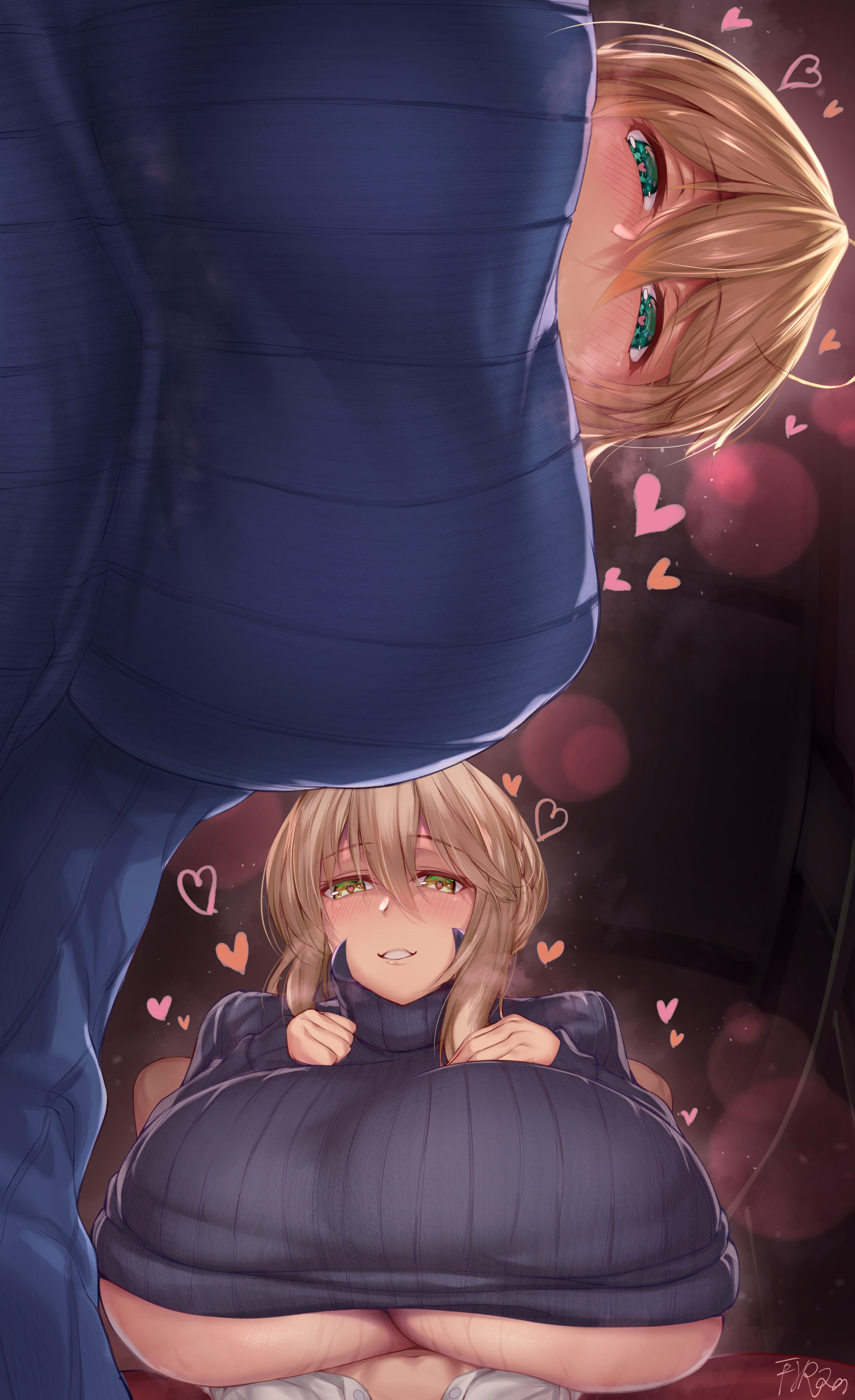 1boy, 2girls, absurdres, artoria pendragon, artoria pendragon (lancer alter), artoria pendragon (lancer), blush, breasts, fate (series), fate/grand order, female, green eyes, heart, heart eyes, highres, hirasawa seiji, lying, male, multiple females, multiple girls, naughty face, no pants, on back, on bed, paizuri, paizuri under clothes, shirt, smile, text focus, unbuttoned, unbuttoned shirt, white shirt, yellow eyes