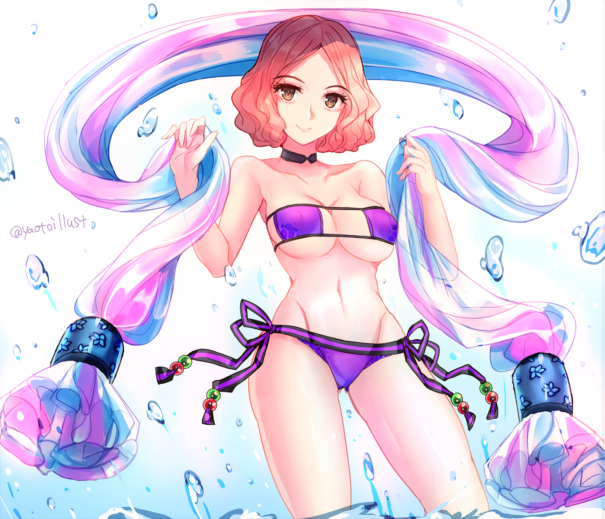 1girls, big breasts, bikini, breasts, brown eyes, brown hair, choker, cleavage, cosplay, eyepatch bikini, fate (series), fate/grand order, female, female only, fluffy hair, haru okumura, large breasts, megami tensei, minamoto no raikou (fate/grand order), minamoto no raikou (fate/grand order) (cosplay), minamoto no raikou (swimsuit lancer) (fate) (cosplay), nipple bulge, persona, persona 5, short hair, solo, swimsuit, voice actor connection, yaoto