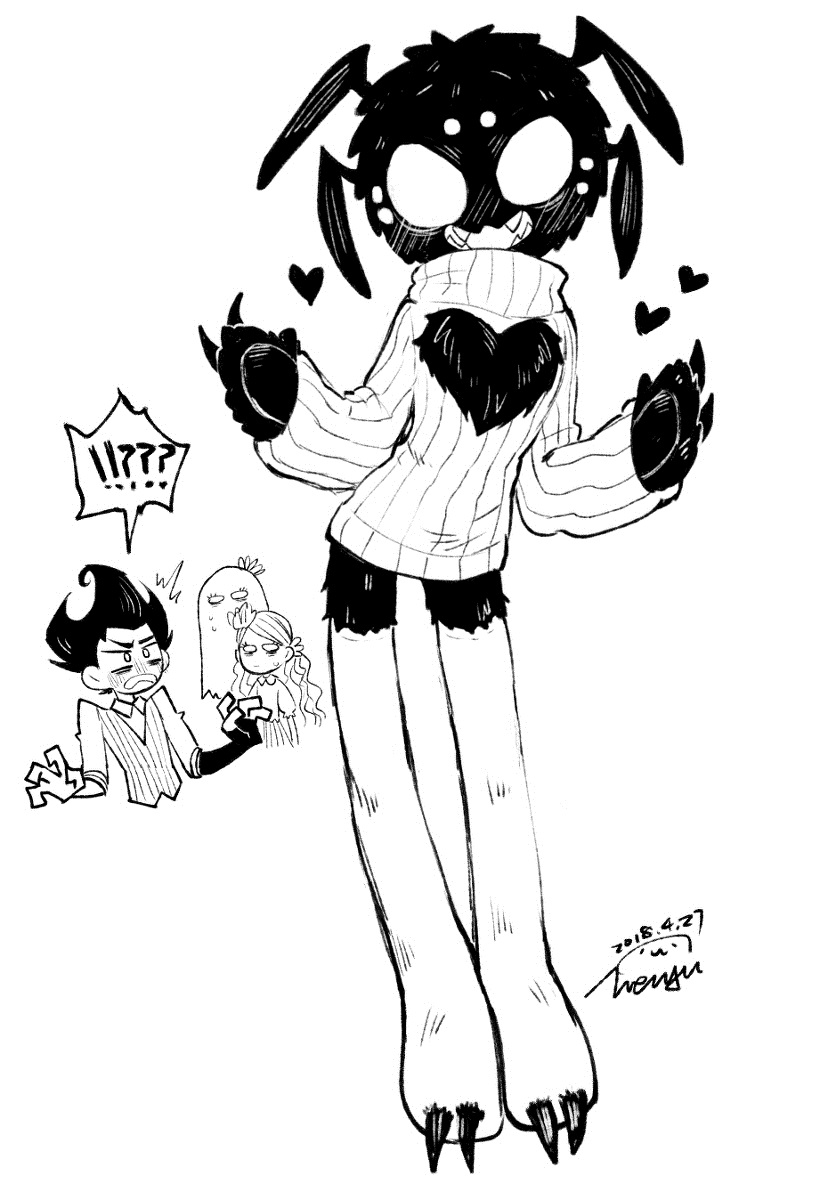 2018 2boys anthro black_fur don't_starve don't_starve_together dont_starve dont_starve_together female femboy fur furry gay girly happy klei_entertainment monochrome solo spider sweater thighhighs webber wenyu