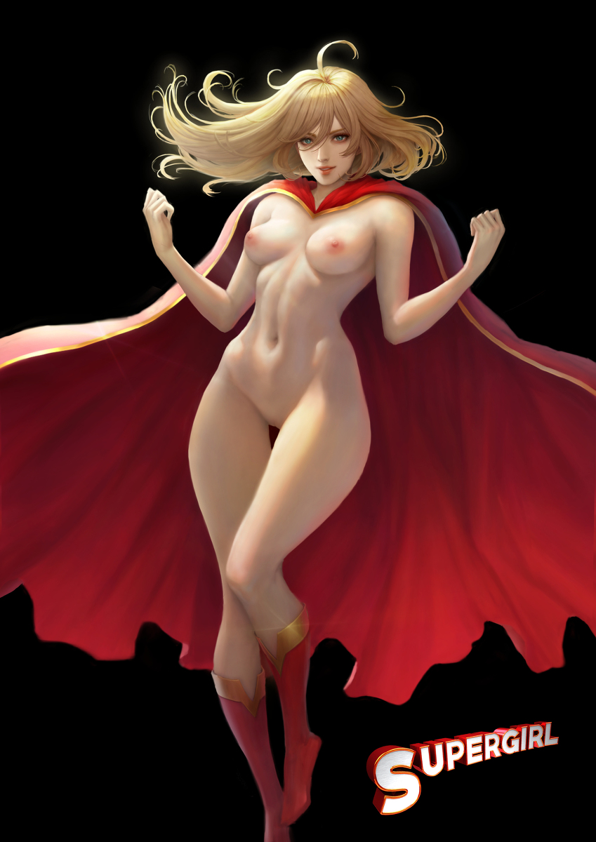1girls, areolae, ass, big ass, big breasts, black background, blonde hair, blue eyes, boots, breasts, cape, character name, curvy, dc, dc comics, digital media (artwork), female, female focus, female only, flying, footwear, kara zor-el, legs, light skin, long hair, looking at viewer, mostly nude, navel, nipples, pose, posing, pussy, simple background, solo, solo female, solo focus, supergirl, superheroine, superman (series), terrichy, text, thick, thick thighs, thigh gap, thighs, vagina, very long hair