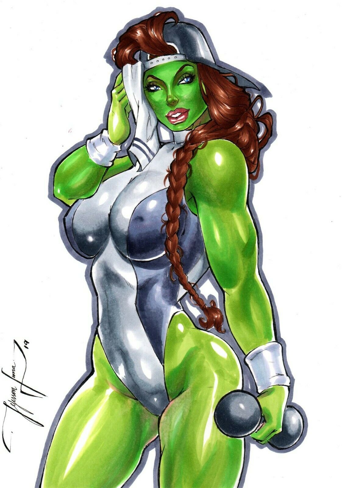 1girls 2019 after_workout artist_signature baseball_cap big_breasts blue_eyes braid brown_hair busty cap color dated drawn dumbbell ed_benes_studio female female_only fully_clothed green_skin grey_cap gym_clothes hat headwear hulk_(series) jeferson_lima large_breasts leotard lipstick marvel marvel_comics muscular muscular_female nipple_bulge pinup red_lips red_lipstick she-hulk signature solo thighs towel white_background white_towel wiping_face