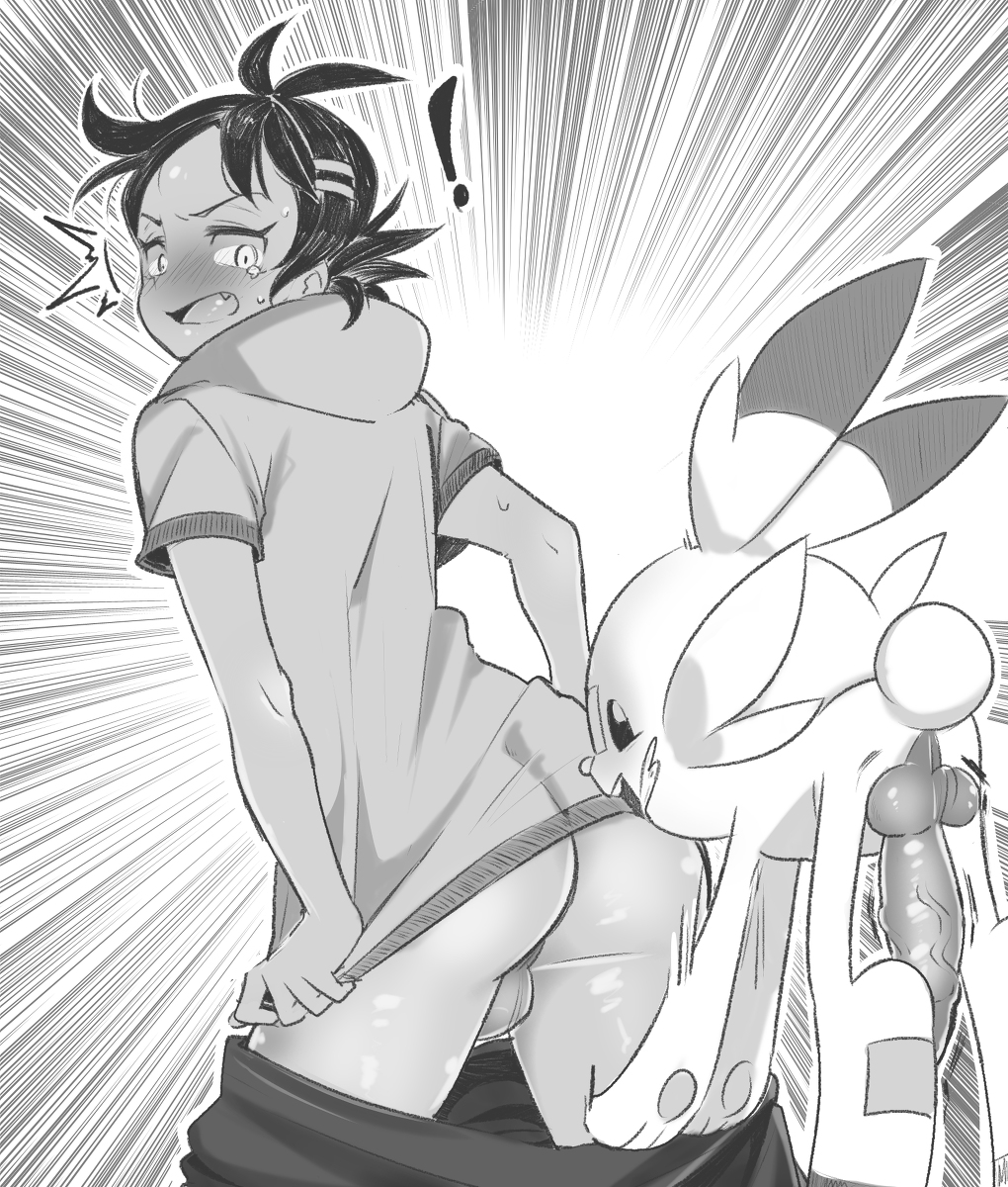 !, 1boy, ass, balls, black hair, blush, clothed, clothing, dark male only, dark skin, dark-skinned male, erection, feral, furry, game freak, goh (pokemon), greyscale, human, lagomorph, large penis, larger male, male, male only, monochrome, nintendo, nude, paws, penis, pokemon, pokemon (anime), pokemon journeys, pokemon ss, scorbunny, size difference, solo focus, standing, surprised, sweat, testicles, undressing