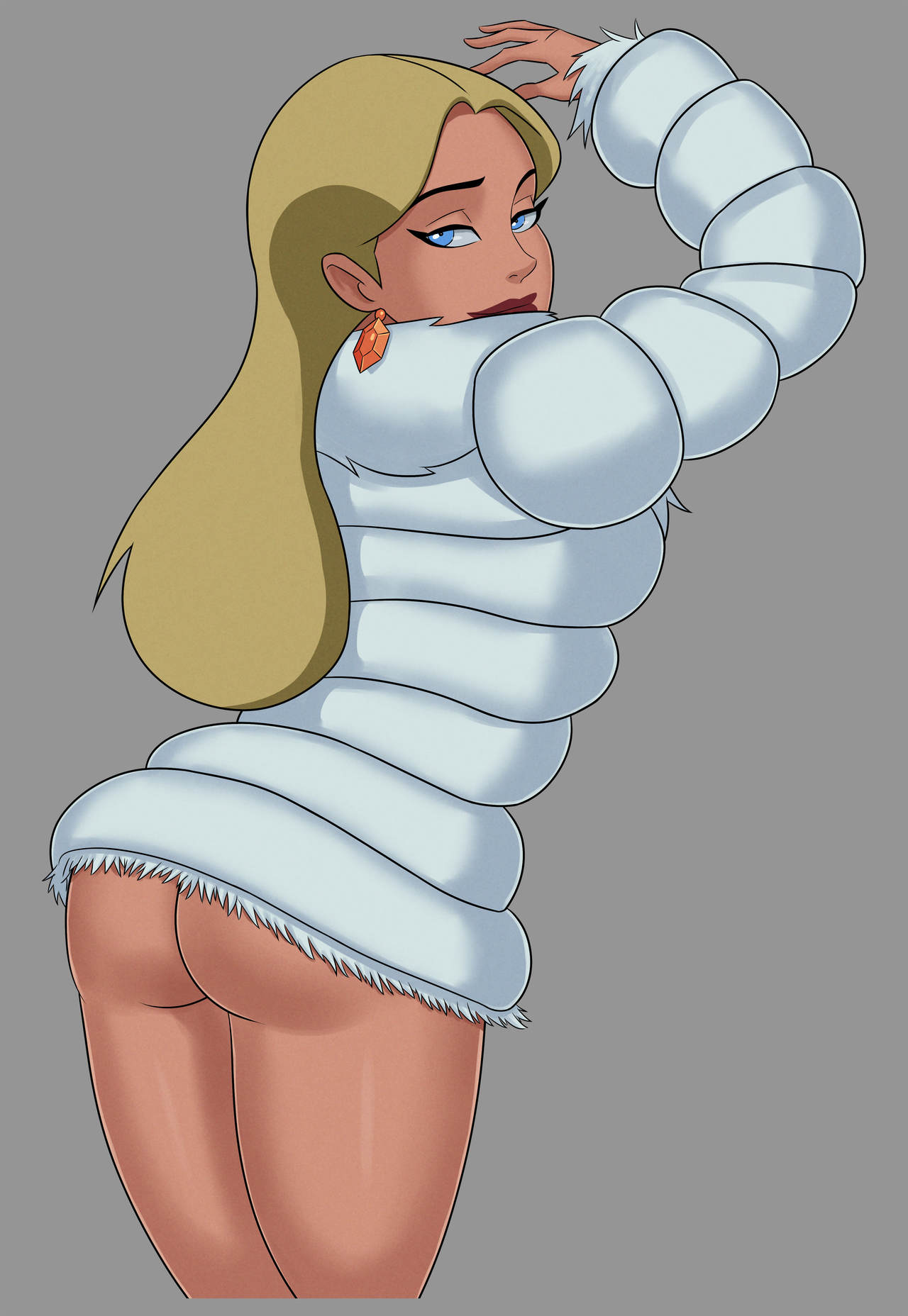 1girls, areolae, arms raised, ass, athletic, blonde hair, blue eyes, breasts, busty, dc, dc comics, dcau, earrings, eyelashes, eyeliner, female, female focus, female only, fur coat, hourglass figure, long hair, looking at viewer, looking back, medium breasts, navel, nipples, pose, posing, princess, princess audrey, pussy, red lipstick, royal, royalty, shaved pussy, smiling, smiling at viewer, solo, sunsetriders7, tagme, vagina, white coat, wide hips