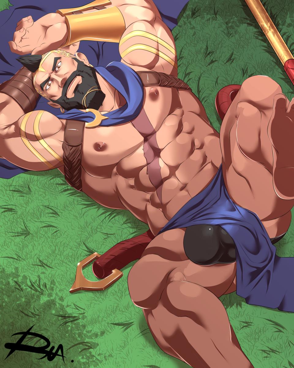 bulge, helmet, league of legends, light skin, male, male focus, male only, marks, muscles, muscular, nipples, pantheon, pecs, riot games, scar, sweat, tattoo, unmasked, warrior
