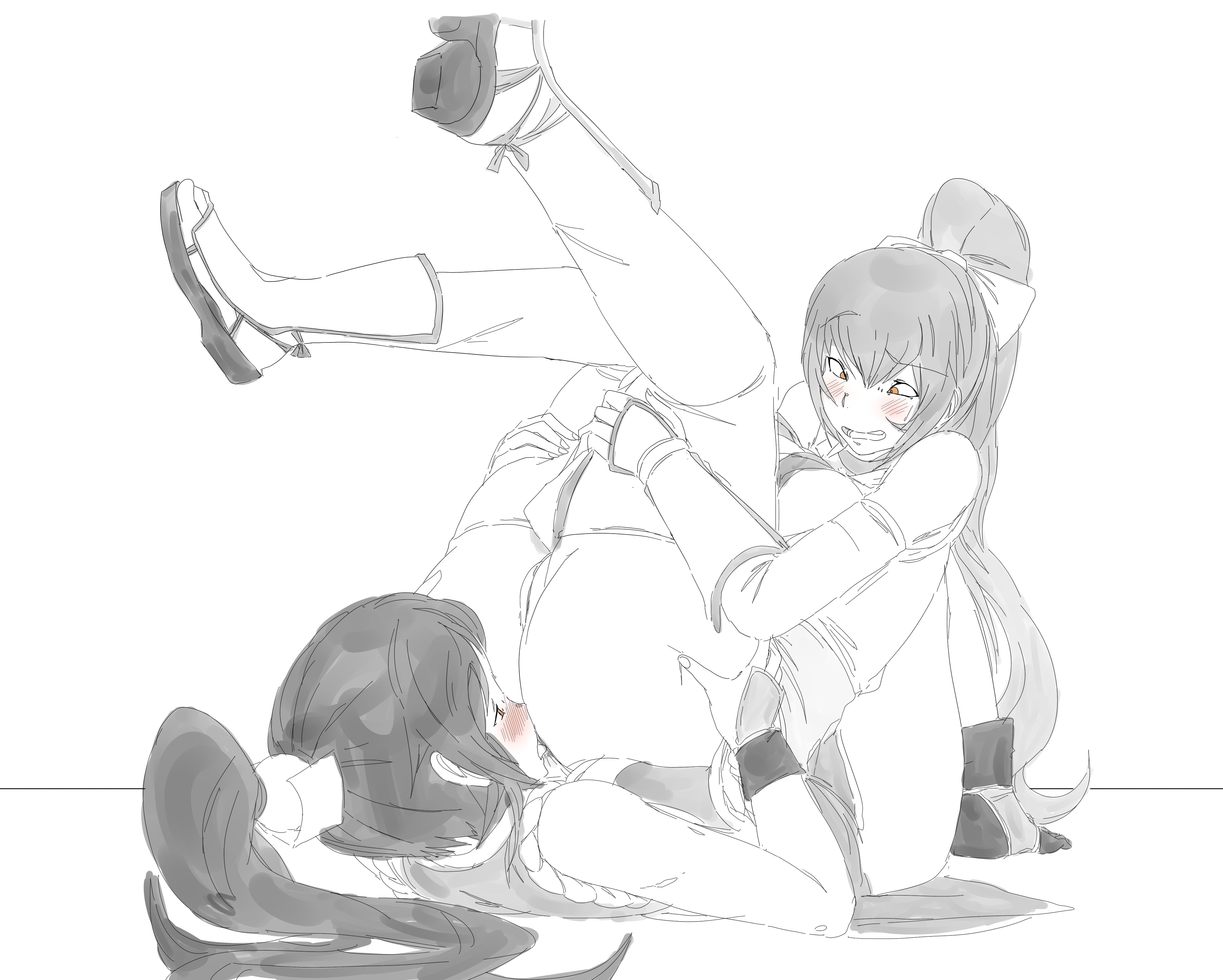 about to fart, ass, ass grab, ass lick, ass worship, dead or alive, fatal fury, female, kasumi (doa), king of fighters, lazei, legs up, licking, looking down, looking pleasured, mai shiranui, monochrome, snk, thick thighs, yuri