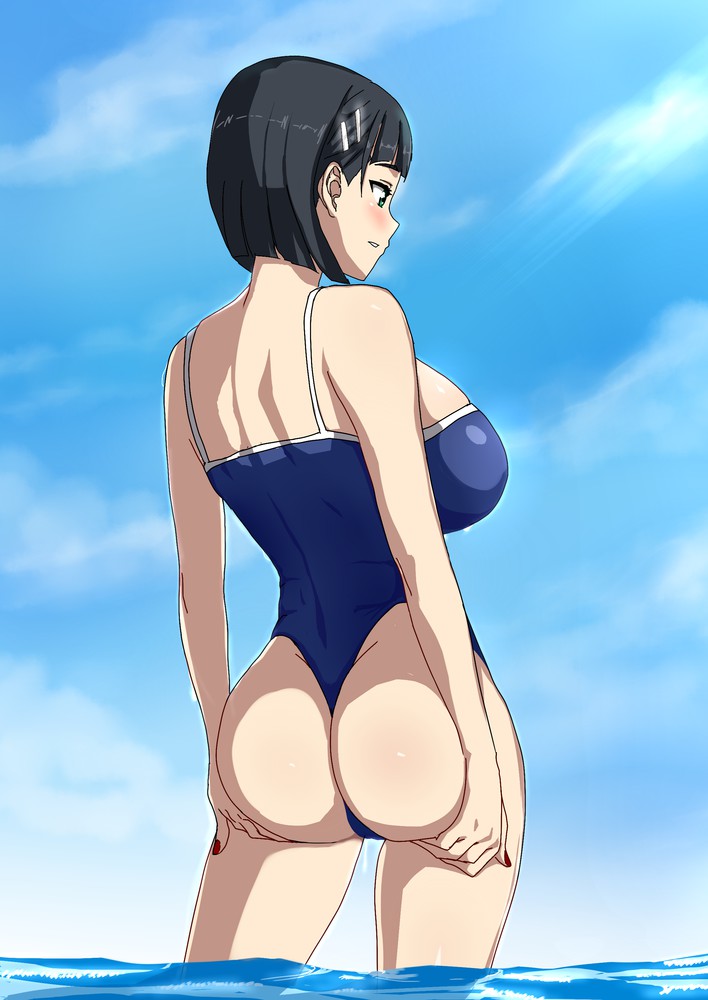 ass, ass up, beach, black hair, breasts, female, hair ornament, huge ass, huge breasts, kirigaya suguha, outdoors, sea, short hair, sideboob, sword art online, thong leotard